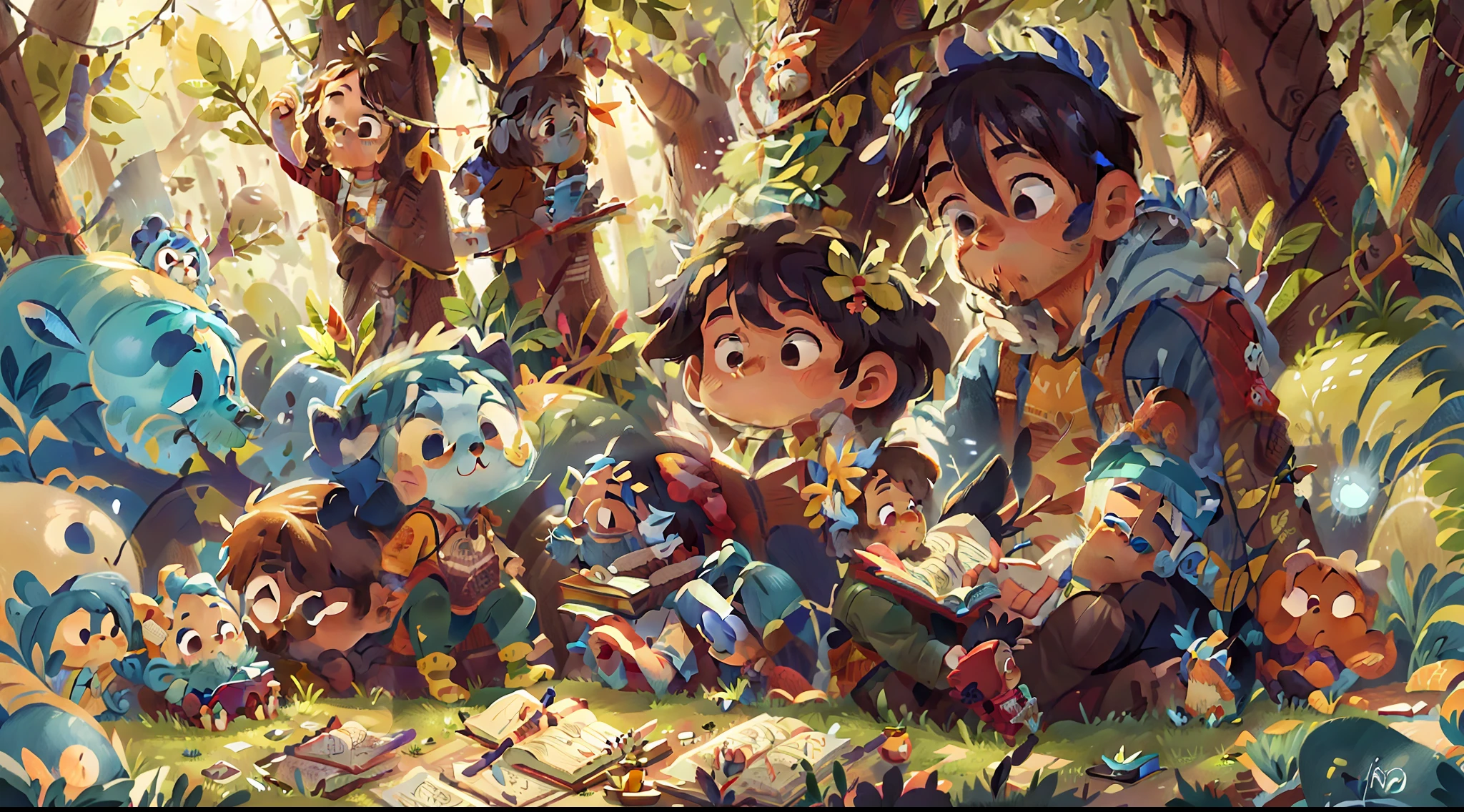 personagem infantil lindo, azul, com floresta, livros, amigos, felicidade, peludo, homem, outras cenas, mais animais, luz, interaction