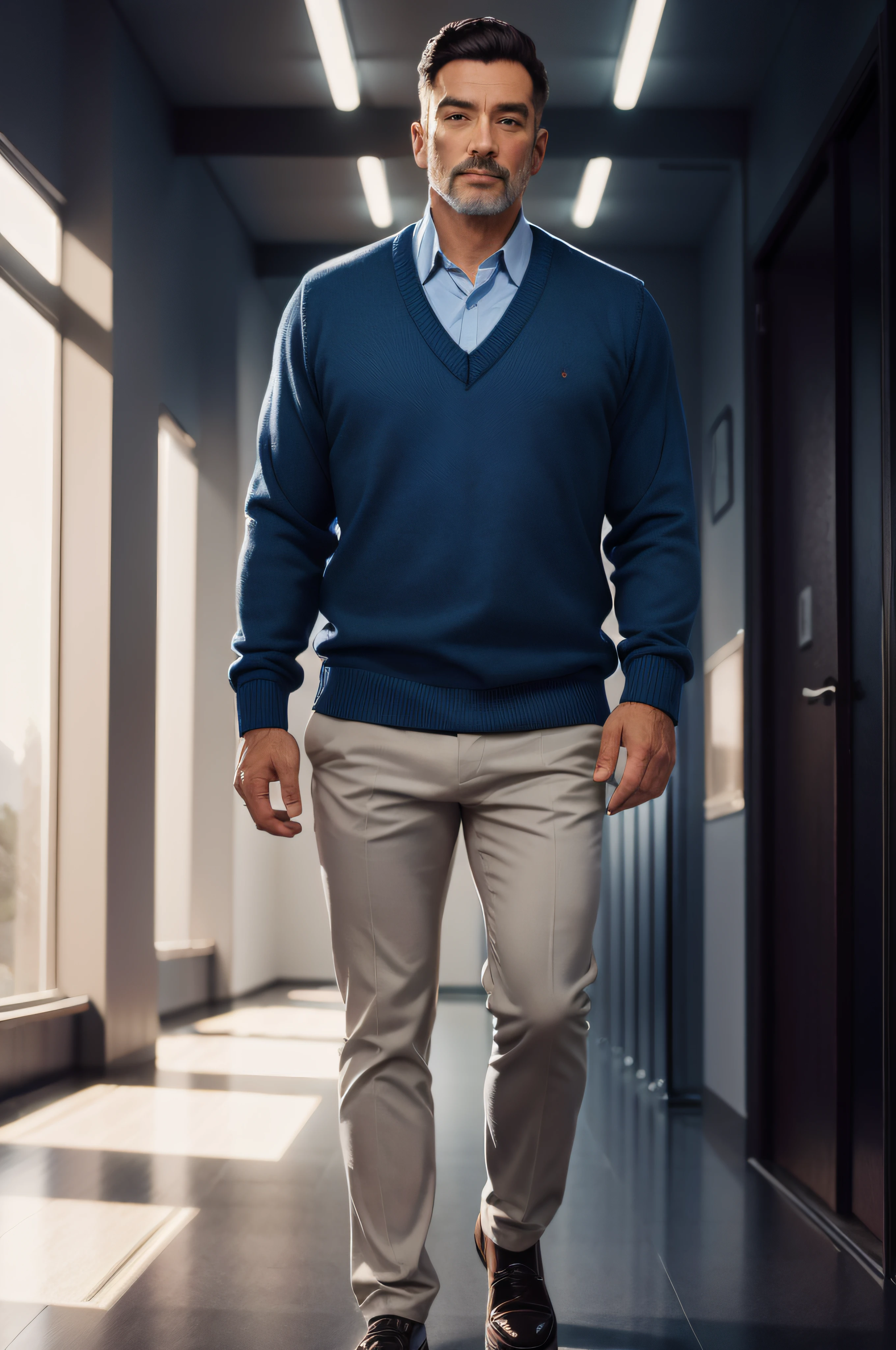 Man in blue sweater and tan pants walking down a hallway, cinematic outfit photo, casual business clothes, fotografia da roupa, cinematic full body shot, wearing business casual dress, Business Clothes, office clothes, foto de retrato detalhada, vestindo roupas casuais elegantes, foto de retrato de corpo inteiro, Casual inteligente, roupas sob medida, homem andando, Retrato no meio da foto, man standing