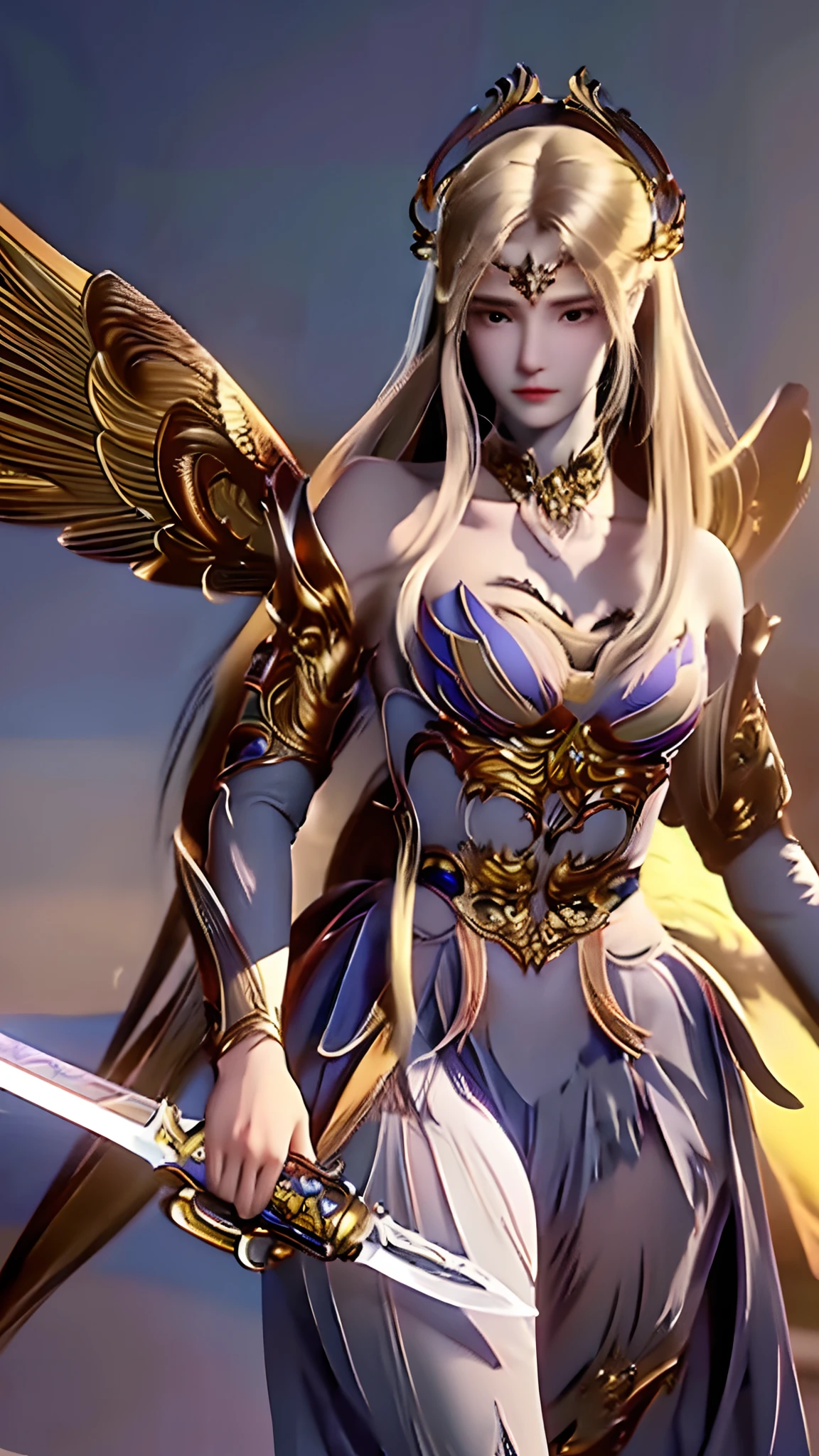 ((masterpiece, best quality;1.3)), ultra detailed, colorful, extremely detailed and beautiful background,1girl, solo, highly detailed beautiful face, beautiful face, angelic, golden colored detailed angel costume, wings angel, feathers, fantasy landscape,epic,sword, holding sword, undefined,qianrenxue,