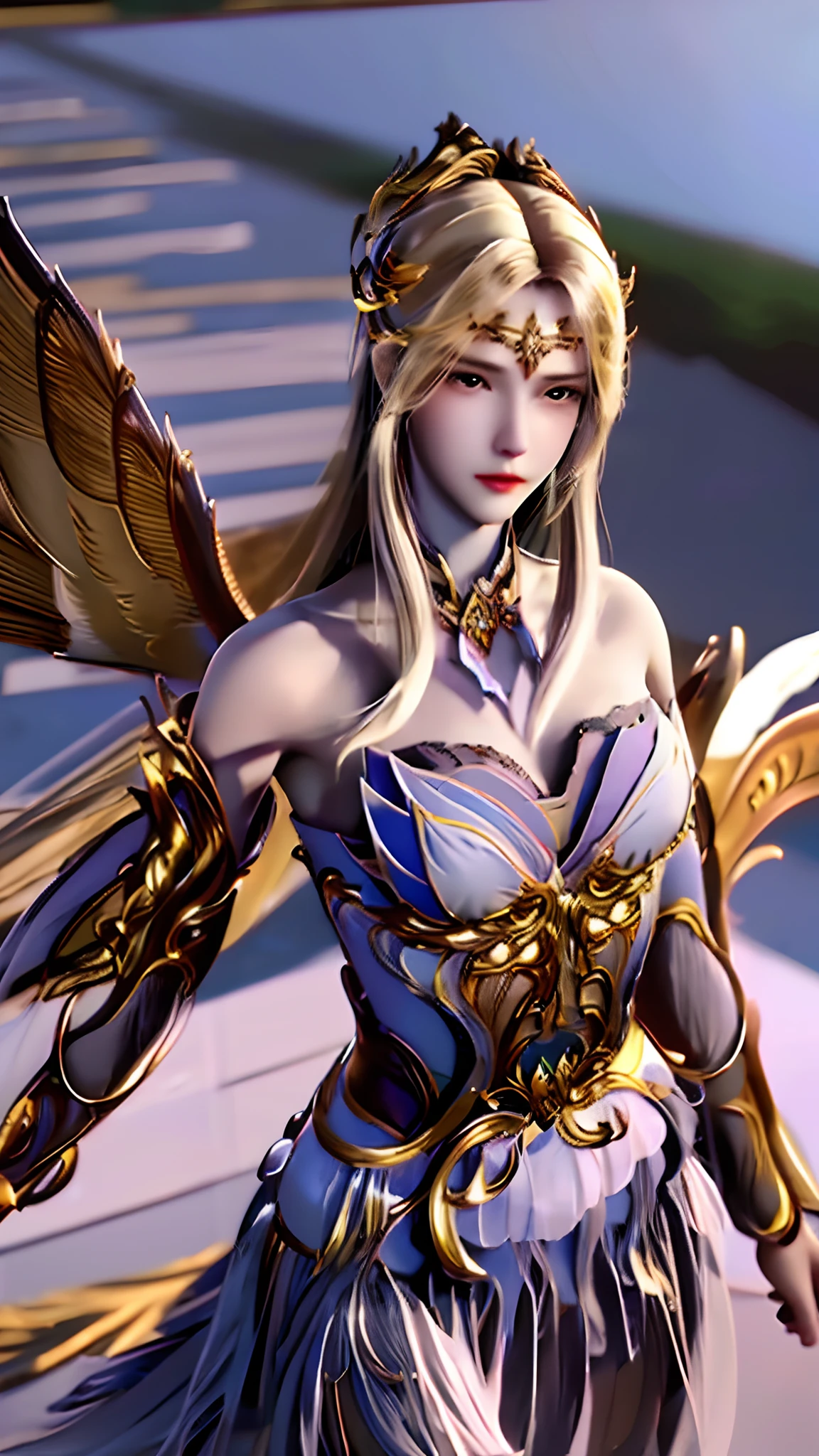 ((masterpiece, best quality;1.3)), ultra detailed, colorful, extremely detailed and beautiful background,1girl, solo, highly detailed beautiful face, beautiful face, angelic, golden colored detailed angel costume, wings angel, feathers, fantasy landscape,epic,sword, holding sword, undefined,qianrenxue,