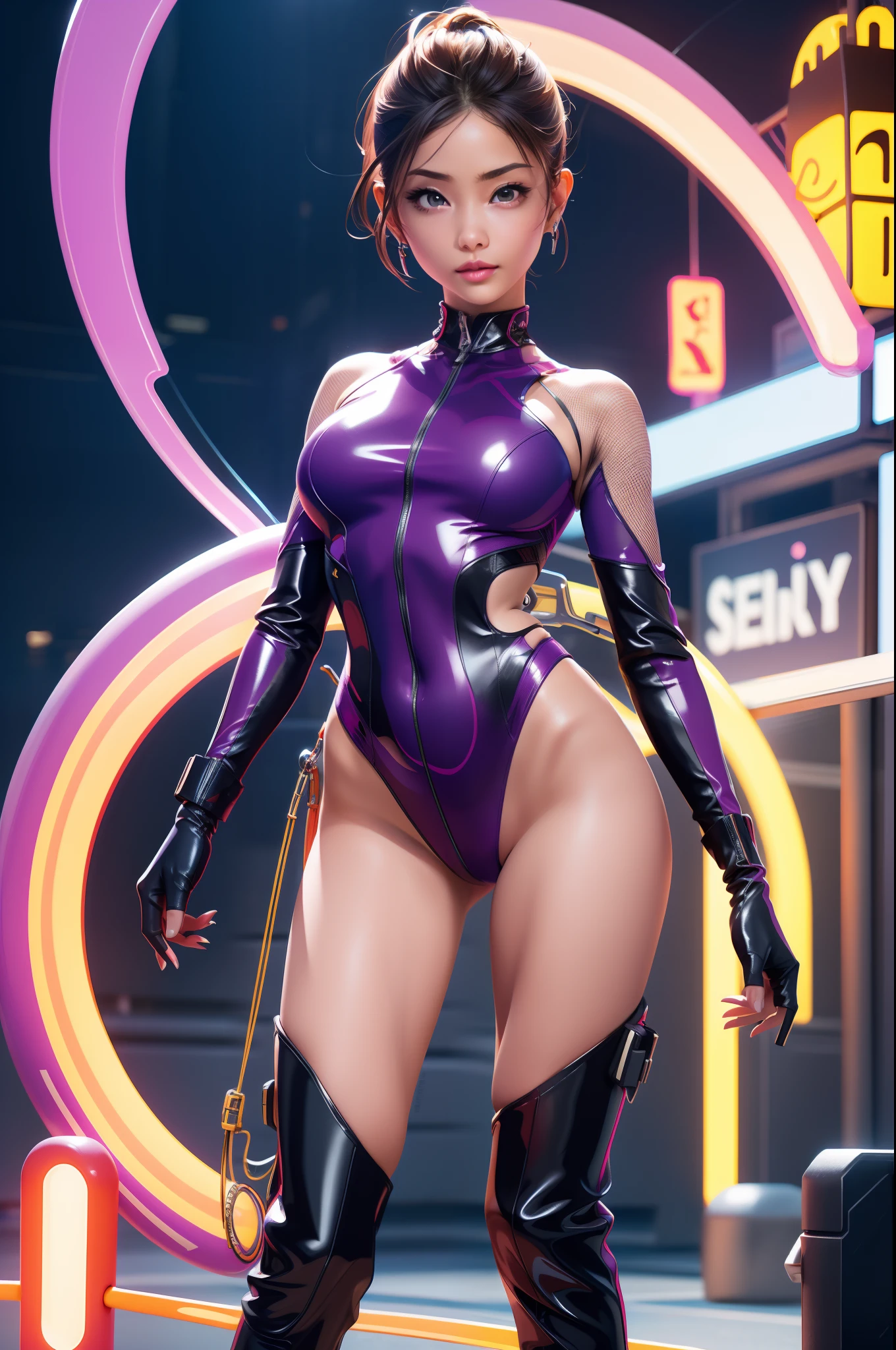 full body picture Unreal Engine 5 8K UHD of beautiful woman，Seven-color gradient short hair，Dress colorful neon color tight futuristic latex spider woman cosplay。，Latex swimwear，Sexy action，Wait for slow breasts，Muscular figure，Swimsuits that rarely cover the skin，latex glove，Wear purple glass，耳Nipple Ring，Piercing of lips Perforated，Modern age city，best qualityer，tmasterpiece，8K UHD wallpaper