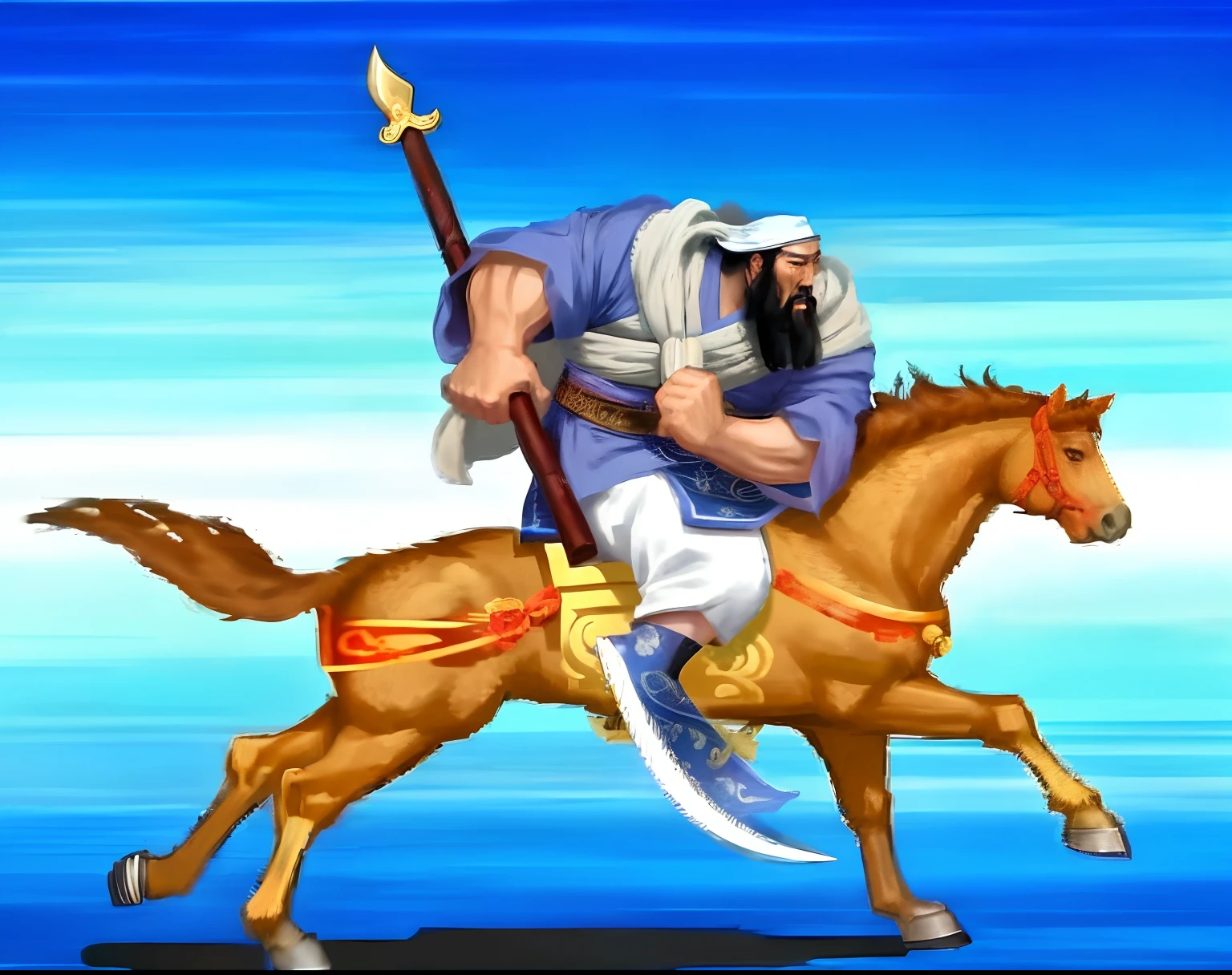 Guan yu，Figures of the Three Kingdoms of China，Riding a war horse，Carry a large knife with a long handle，Wearing a blue Hanfu，A white scarf was tied around his neck，Black beard，tmasterpiece，8K