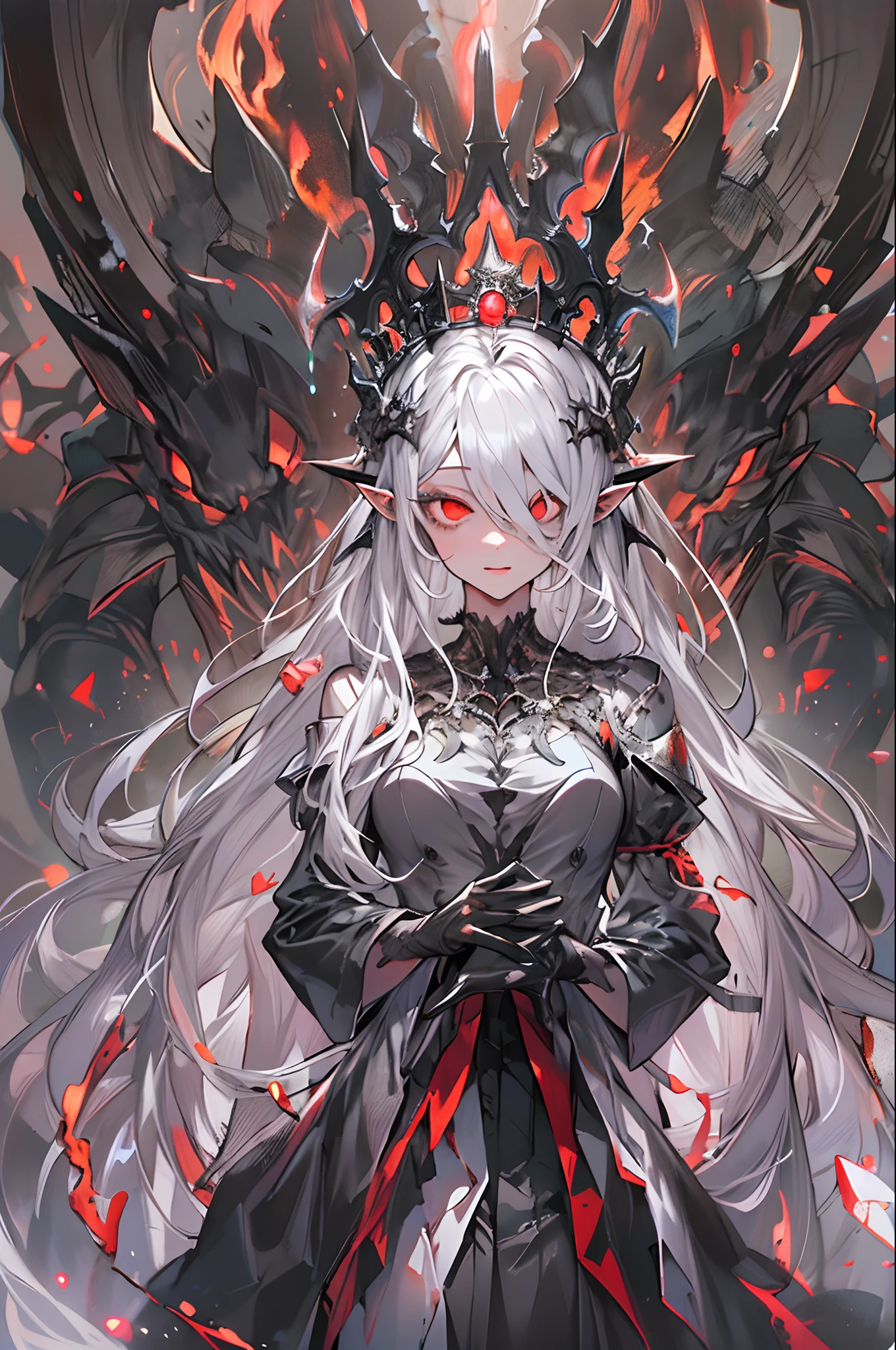 masterpiece, best quality, ultra-detailed, absurdres, colorful, 1girl, solo, (solid red eyes:1.0), (white hair, long hair, straight hair, hair over one eye:1.0), detailed eyes, wide-eyed, eyelashes, (upper body:0.8), monster girl, side view, glowing eyes, tilted head, night, black suit, pointy ears, horror, dark, black background, looking at viewer, crown, high contrast, backlighting, (standing:0.8), aura, fractal background, chaotic, spiral, demon horns, energy, mosaic, inferno