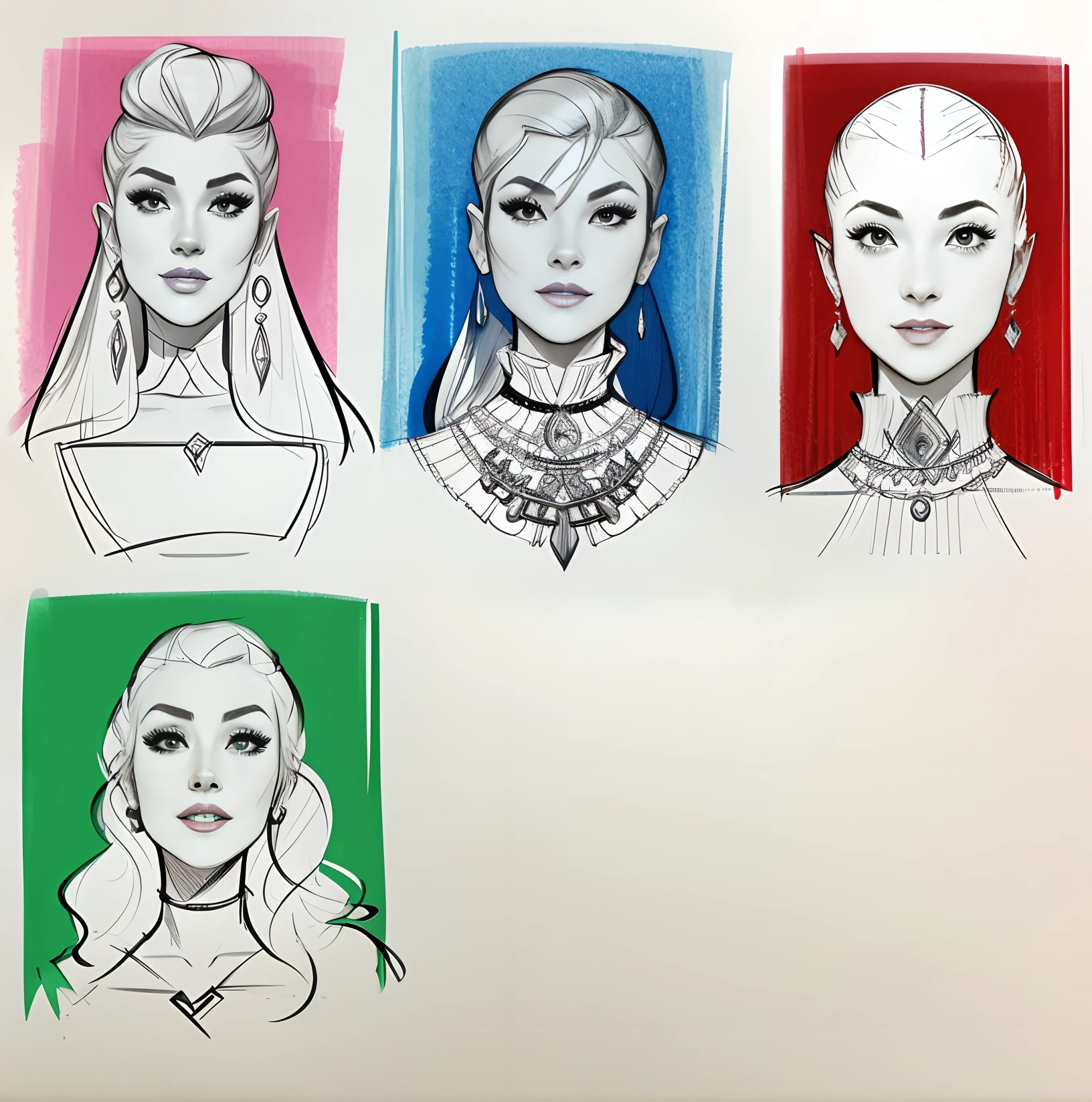 Sketches of four different women with different hairstyles, Inspired by Run Run Shaw from Barclays, portrait dnd, art sketch, Female face, character headshot concept art, fashion concept art, different women's faces, inspired by Daniel Maclise, inspired by Antonio Cavallucci, animation portrait concept art, 90s comic book character design, a sketch, D&D character avatar