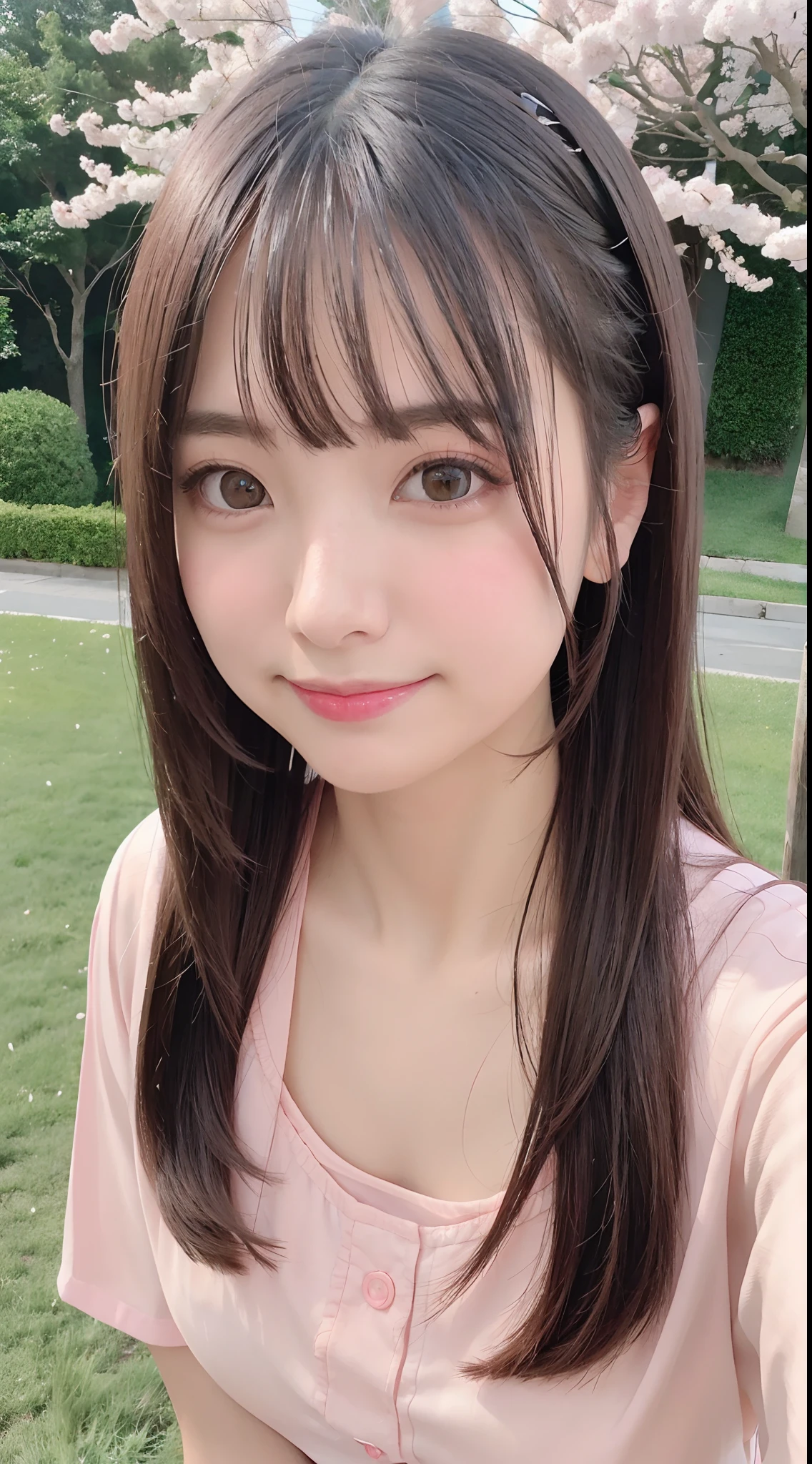 top-quality、超A high resolution、(photoRealstic:1.4)、red blush、cute little、(详细的脸)、Light smile、Looking at the camera、The upper part of the body、komono、Sunnyday、a river、(cherry trees)、blue-sky、独奏、(nose-blushing)+、(Smiling smile)1.2、(a closed mouth)+A dark-haired、medium chest、beatiful detailed eyes、1.1、toppless(Semi-long hair）1.2、Floating Hair Novafrog Style、ciber、mirai、Twin-tailed hair