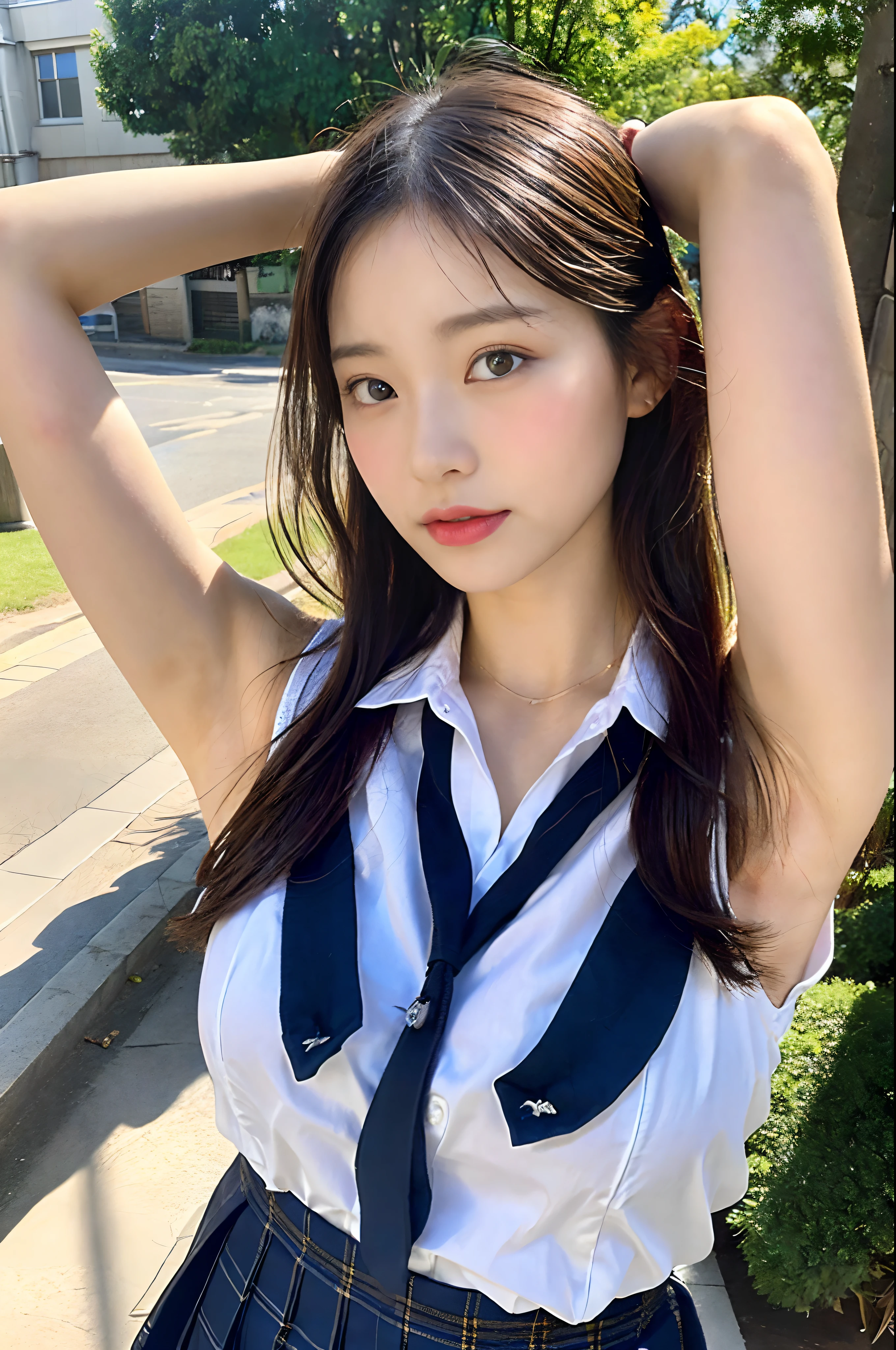 RAW images、16k、Farbe、Imagen、(Only one girl)、beautiful countenance、extra detailed face、extremely detailed eye、very high quality neck、beautiful hairl、very detail hair、High quality hair、highlydetailed skin、highlydetailed skin、Very high quality legs、extremely beautiful legs、(Highly detailed armpits)、Very high quality armpits、 ((Armpit fetish)), ((The ultimate high quality armpit:1.3)), Recessed armpits,(((Sunken armpits))), (((Deep wrinkled armpits))), ((((Pigment armpits)))), {{{Severe pigmented armpits}}}, ((Deep wrinkled armpits)), Pigmented armpits, (School uniform)