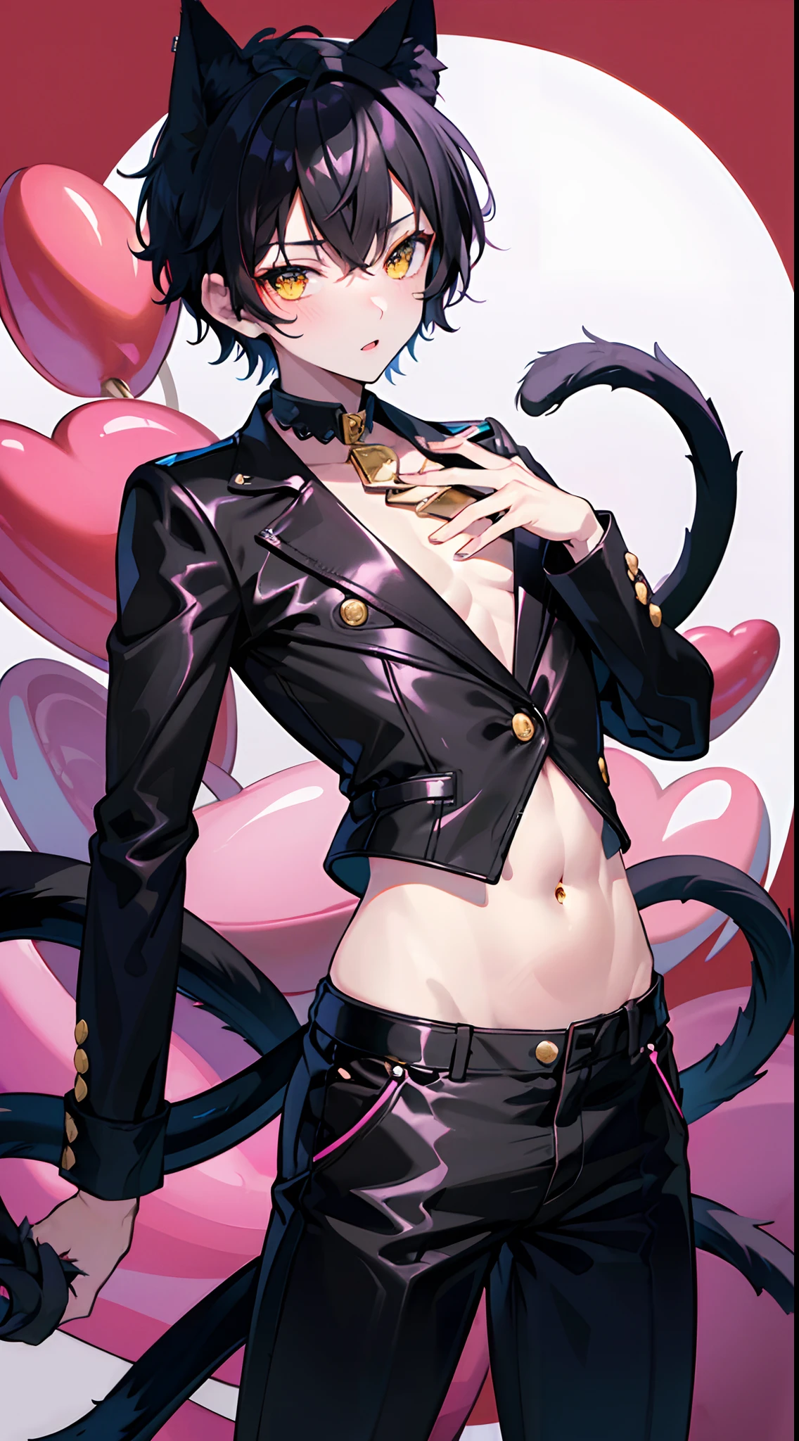 best aesthetic, ultra high res, distinct, ultra detailed, best quality, high quality, ultra quality, 16k, high details, high resolution, detailed, masterpiece, beautiful, detailed skin, full body, sexy, (1boy), black hair, short hair, yellow eyes, black cat ears, black cat tail, shota, belly-buttoned suit, (abs), pink nipple