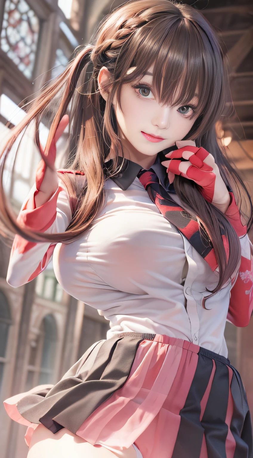 ((Masterpiece)),((Best quality)),Ultra-detailed,illustratio,Explicit,Beautiful body,Beautiful nose,Beautiful character design,Perfect eyes,Perfect face,the wallpaper,超高分辨率,4K,Photography,(Beautiful,Large breasts:1.5),(Beautiful face:1.2),Beautiful legs,Perfect legs,NSFW,full bodyesbian,Shiny skin,Turin Sukumi, 1girll, underwear, Panties, Breasts, Skirt, Red panties, Solo, Green eyes, shirt, Braid, Long hair, Purple hair, White shirt, Clothes lift, Skirt lift, Black skirt, Blush, Single braid, lifted by self, Collared shirt, braidedponytail, bangs, cleavage, Long sleeves, Closed mouth, view the viewer, Thighs, Miniskirt, Dress shirt, standing, side locks, Cowboy shot, Indoors, scowling, From below, pencil skirts, Carmelto, pantyshot,