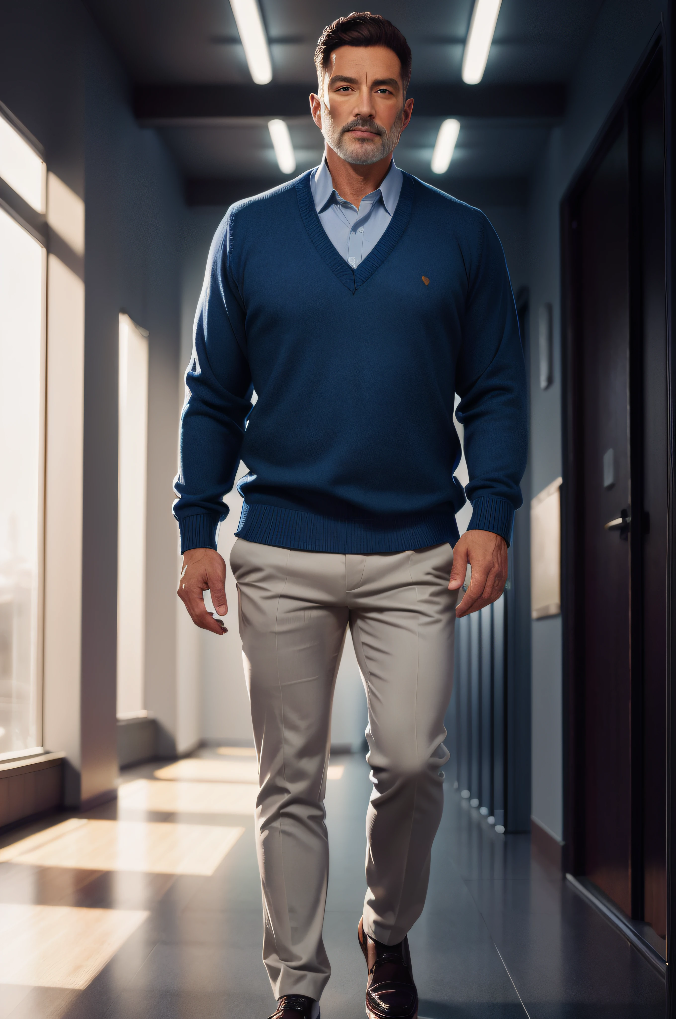 Man in blue sweater and tan pants walking down a hallway, cinematic outfit photo, casual business clothes, fotografia da roupa, cinematic full body shot, wearing business casual dress, Business Clothes, office clothes, foto de retrato detalhada, vestindo roupas casuais elegantes, foto de retrato de corpo inteiro, Casual inteligente, roupas sob medida, homem andando, Retrato no meio da foto, man standing