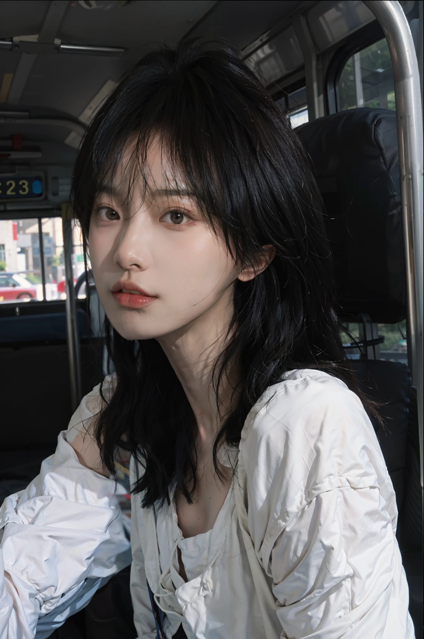 8K,best qualtiy,tmasterpiece,超高分辨率,(真实感:1.4),RAW photogr,(True skin texture:1.3),(filmgrain:1.3),(Selfie angle),1个Giant Breast Girl,Beautiful eye and face details,tmasterpiece,Best quality at best,closeup cleavage,swimming uniform,On the bus,