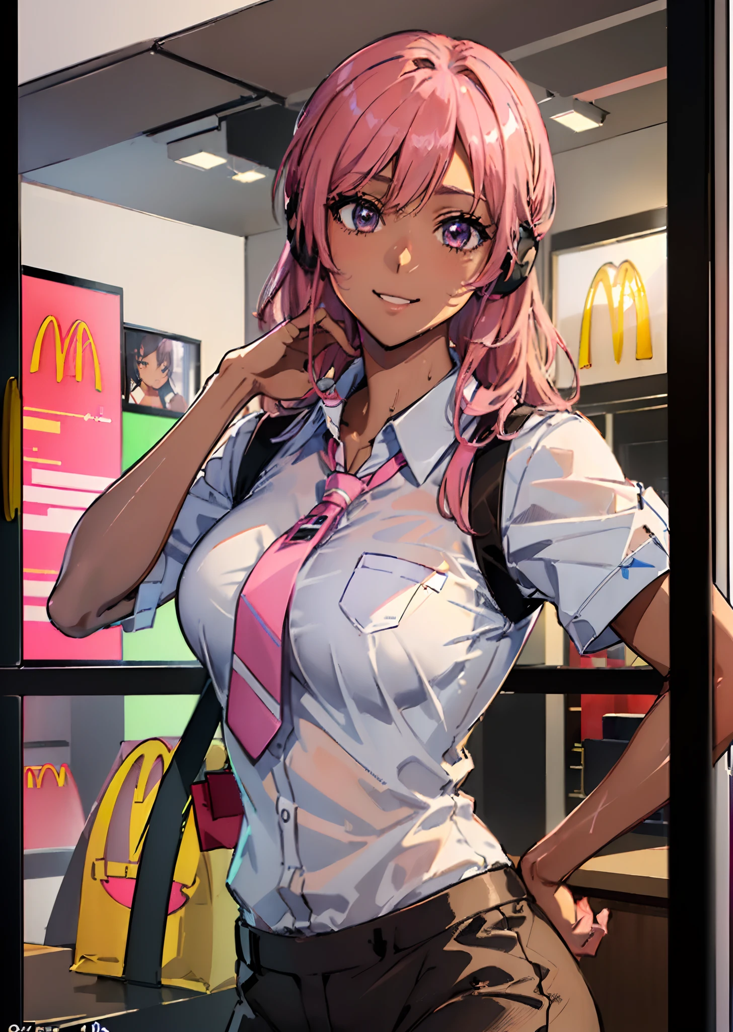 ((((Representative work 3.0、top-quality、Smile 3.0、Wearing a McDonald's uniform 4.0、Blouse、Listening to orders、Working as a clerk at McDonald's、Brown skin、Pink hair 3.0、dynamic pose1.5、large full breasts、Brown skin color、A pink-haired、Wearing sweat、ssmile、)))((()))、Long body、(((((、long legged))))),((((darkskin)))),((sun burn)),Whole human body、(((Shyness)))、Realistic skin type、an anime girl、Detailed Digital Anime Art、extremely detailed art germ、a hyperrealistic schoolgirl、Ilyakukvshinov、Smooth Anime CG Art、Ultra Realistic Woman、ig model、ArtGerm、Photorealistic anime girl rendering、digital anime art