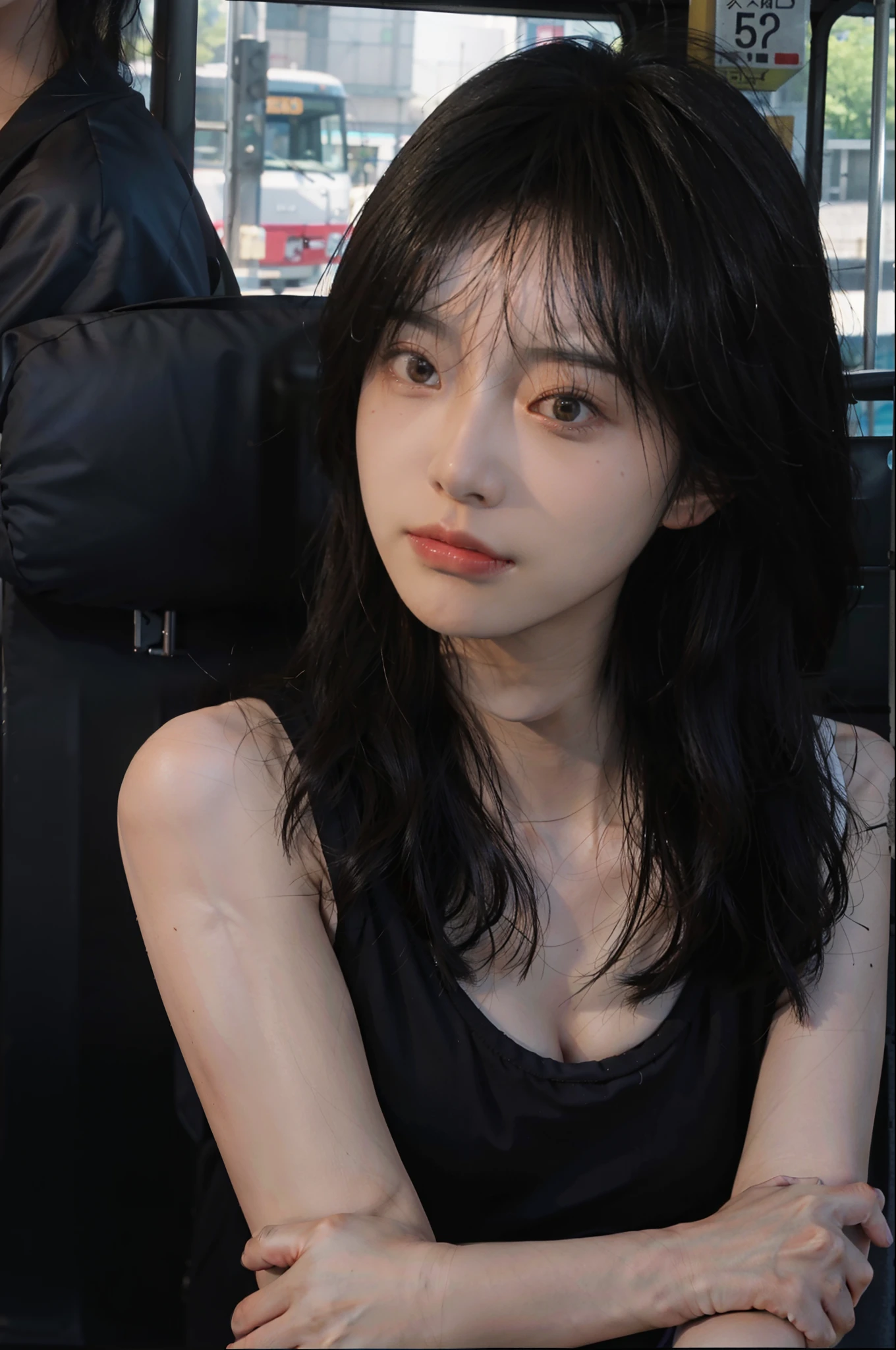 8K，best qualtiy，tmasterpiece，超高分辨率，（真实感：1.4），RAW photogr，（True skin texture：1.3），（filmgrain：1.3），（Selfie angle），1个Giant Breast Girl，Beautiful eye and face details，tmasterpiece，Best quality at best，closeup cleavage，swimming uniform，On the bus，