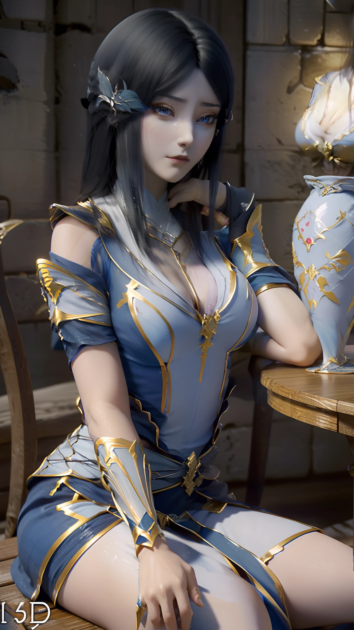 The Arad woman in a blue dress sits at the table, closeup fantasy with water magic, 2. 5 D CGI anime fantasy artwork, Anime fantasy illustration, Detailed digital anime art, beautiful fantasy anime, Smooth anime CG art, Anime fantasy artwork, 8K high quality detailed art, Realistic anime 3 D style, ultra detailed water, beautiful and seductive anime woman