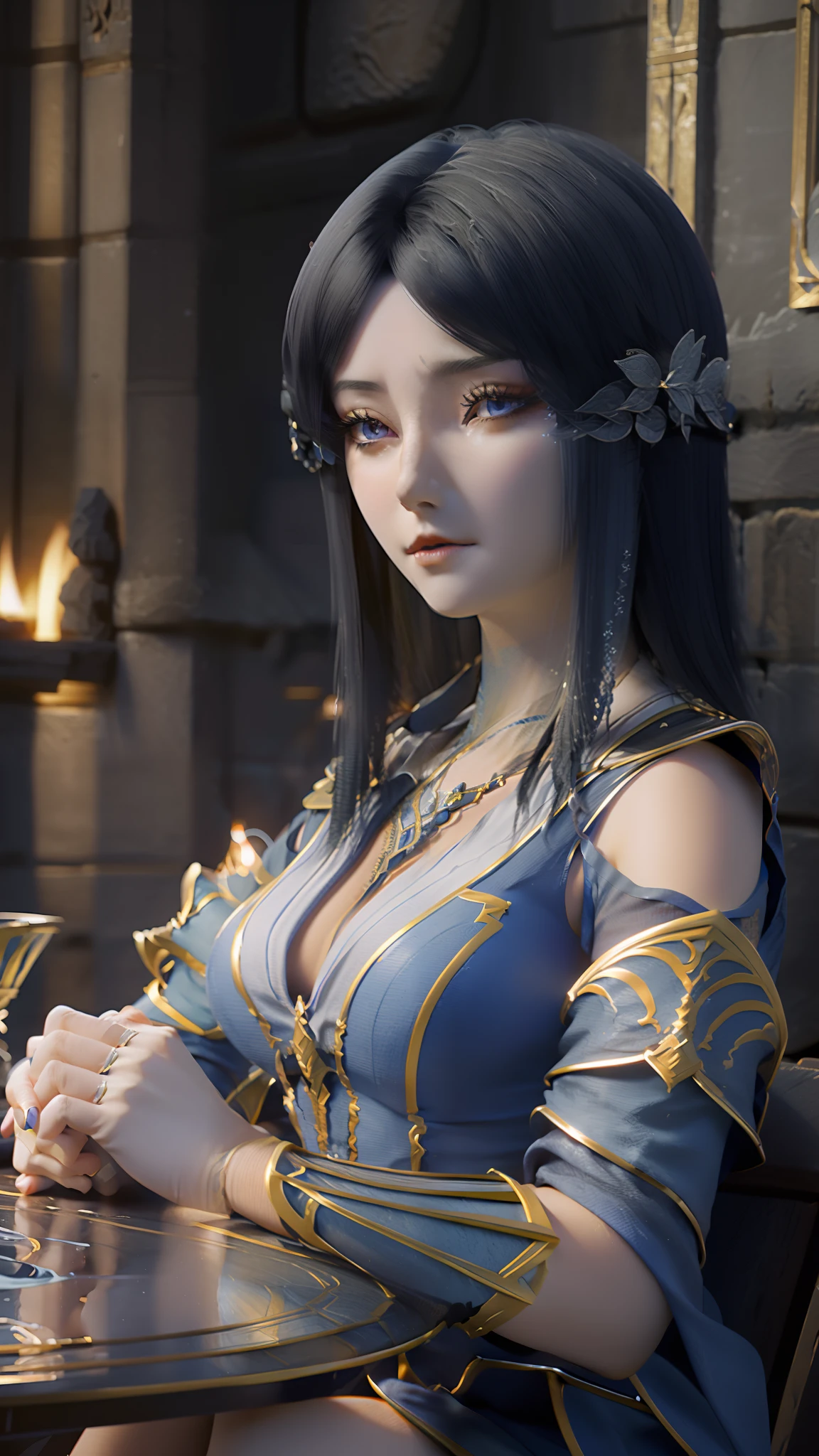 The Arad woman in a blue dress sits at the table, closeup fantasy with water magic, 2. 5 D CGI anime fantasy artwork, Anime fantasy illustration, Detailed digital anime art, beautiful fantasy anime, Smooth anime CG art, Anime fantasy artwork, 8K high quality detailed art, Realistic anime 3 D style, ultra detailed water, beautiful and seductive anime woman