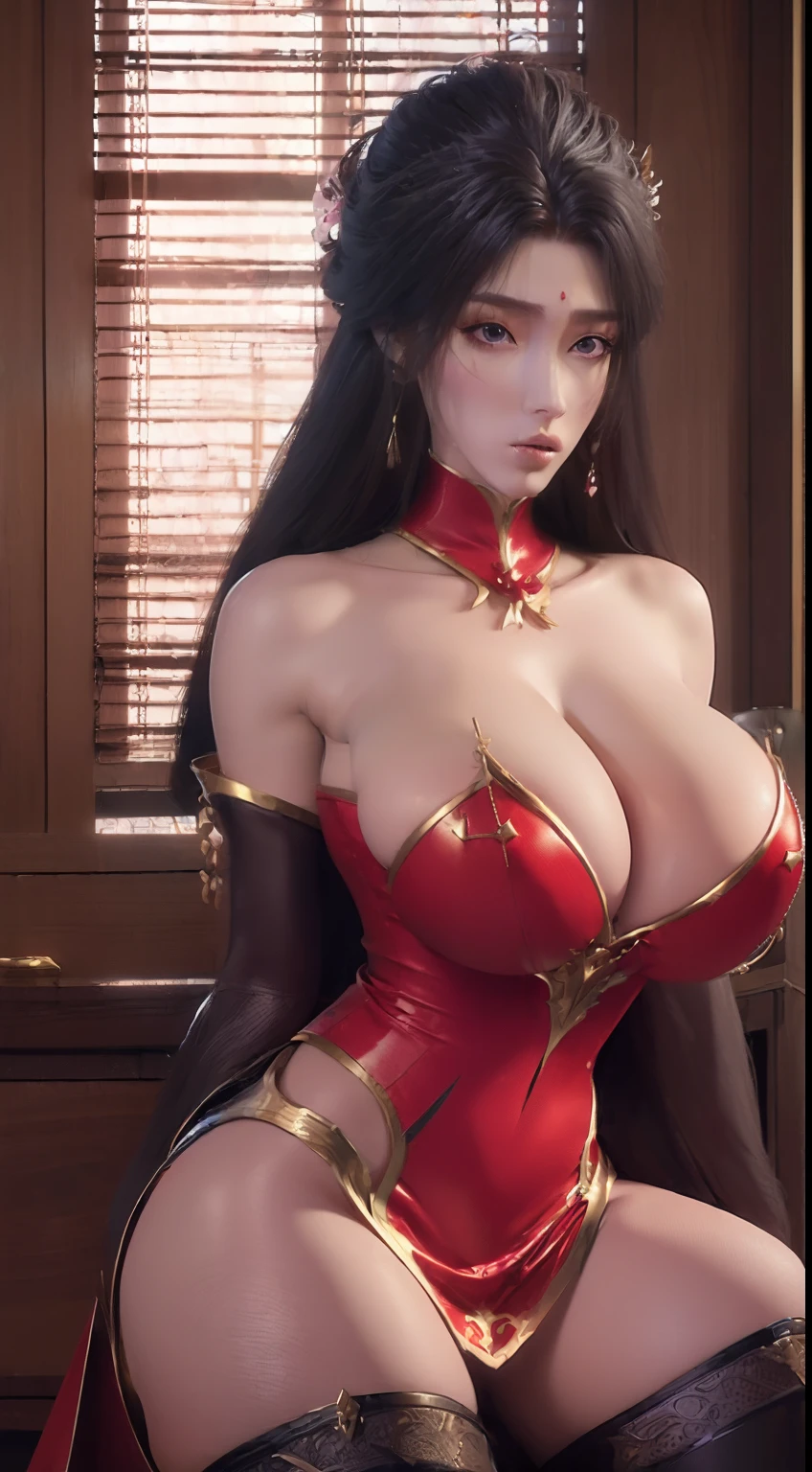 ((nsfw)),((gigantic breast:2),Arad woman in red dress standing near the windowsill, cute anime waifu in a sexy dress, trending on cgstation, 8K high quality detailed art, anime barbie in sheer red stockings, highly detailed exquisite fanart, Extremely detailed Artgerm, the anime girl is crouching, flowing magical robe, beautiful and seductive anime woman, WLOP and Sakimichan