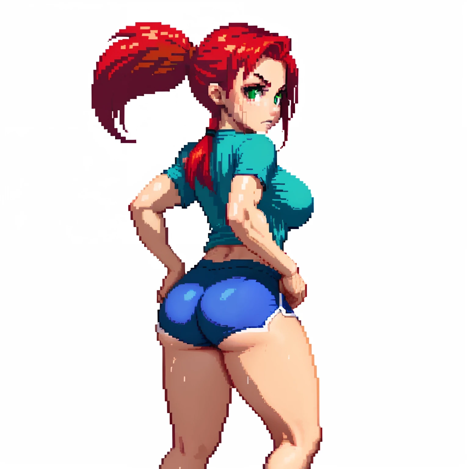 Sports Girl, red hair, redhead hair, Short sports shorts, cling, Rounded Thighs, Light red sports jersey with fox logo, Long red tail, Green eyes, Strong muscles,, Big booty, Tight butt, Strong, sweaty, pixel, hiquality, Pixel Art, pony tail, red t-shirt, black shorts, hiquality,