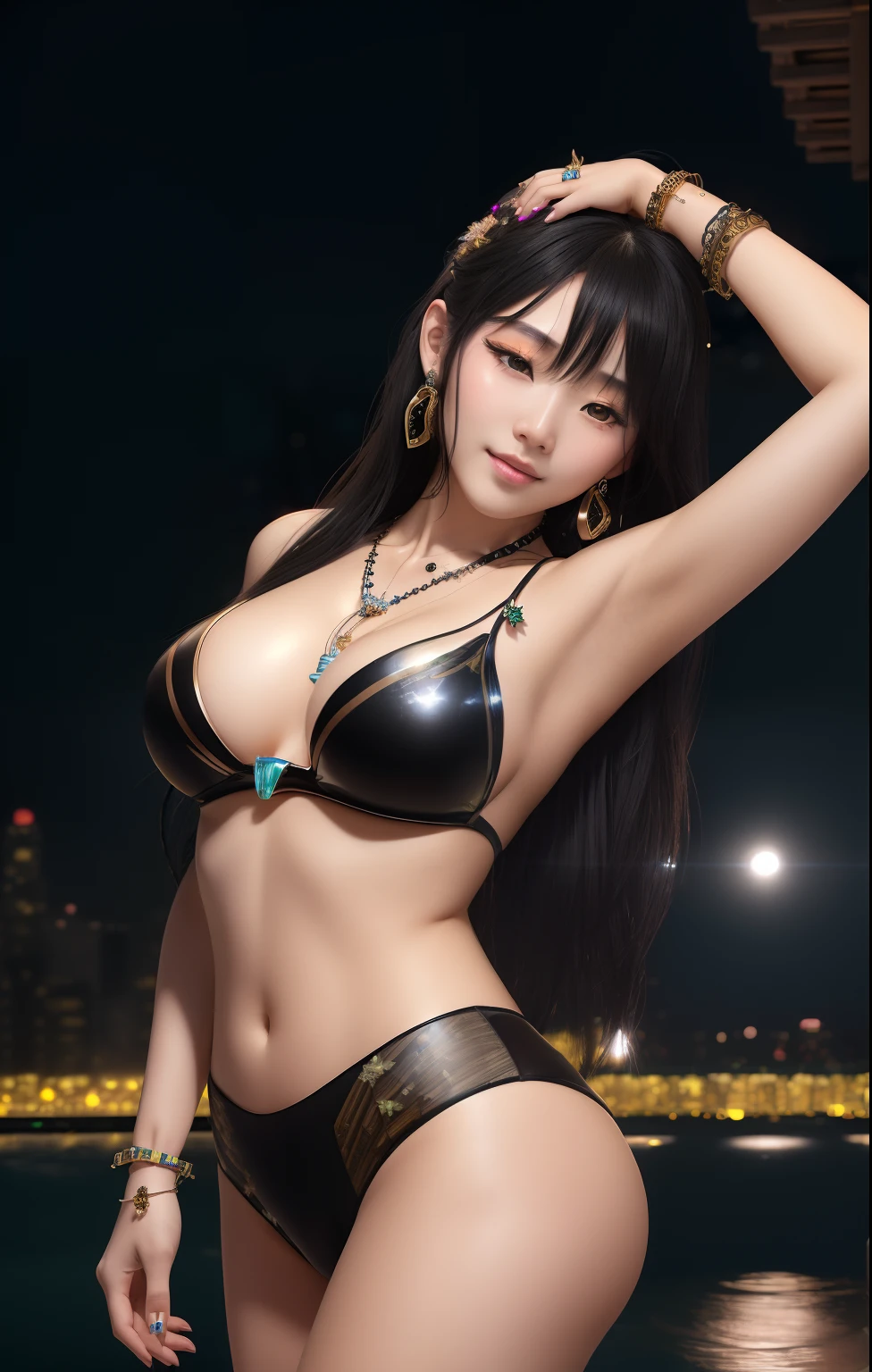 night,(night:1.8),(city lights:1.9),(black theme,),in summer,onsen,(nature:1.9),1girl,full body,black hair,very long hair,grin,sexy,unaligned breasts, dynamic angle,dynamic pose,outdoors,chinese style architecture,High color saturation,Color saturation,(jewelry:1.9),putting on jewelry, Warm light,Warm light,
ray tracing,cinematic lighting,(raw photo:1.2), (photorealistic:1.4), absurdres, incredibly absurdres, huge filesize , ultra-detailed, highres, extremely detailed,best quality ,masterpiece, illustration, an extremely delicate and beautiful, extremely detailed ,CG ,unity ,8k wallpaper, Amazing, finely detail, masterpiece,best quality, pureerosface_v1,ulzzang-6500-v1.1,