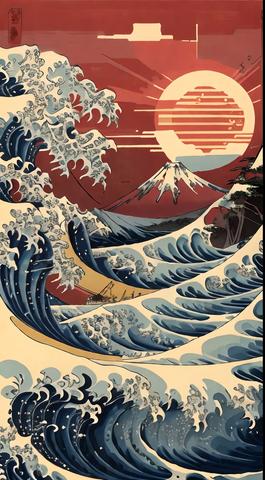 Great Wave Red Sun,Colorful,Mt fuji