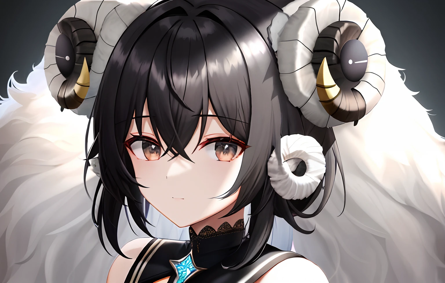 Sheep's ears,black color hair,white backgrounid,Close-up of the head,hair adornments,shairband,short detailed hair,sheep horns