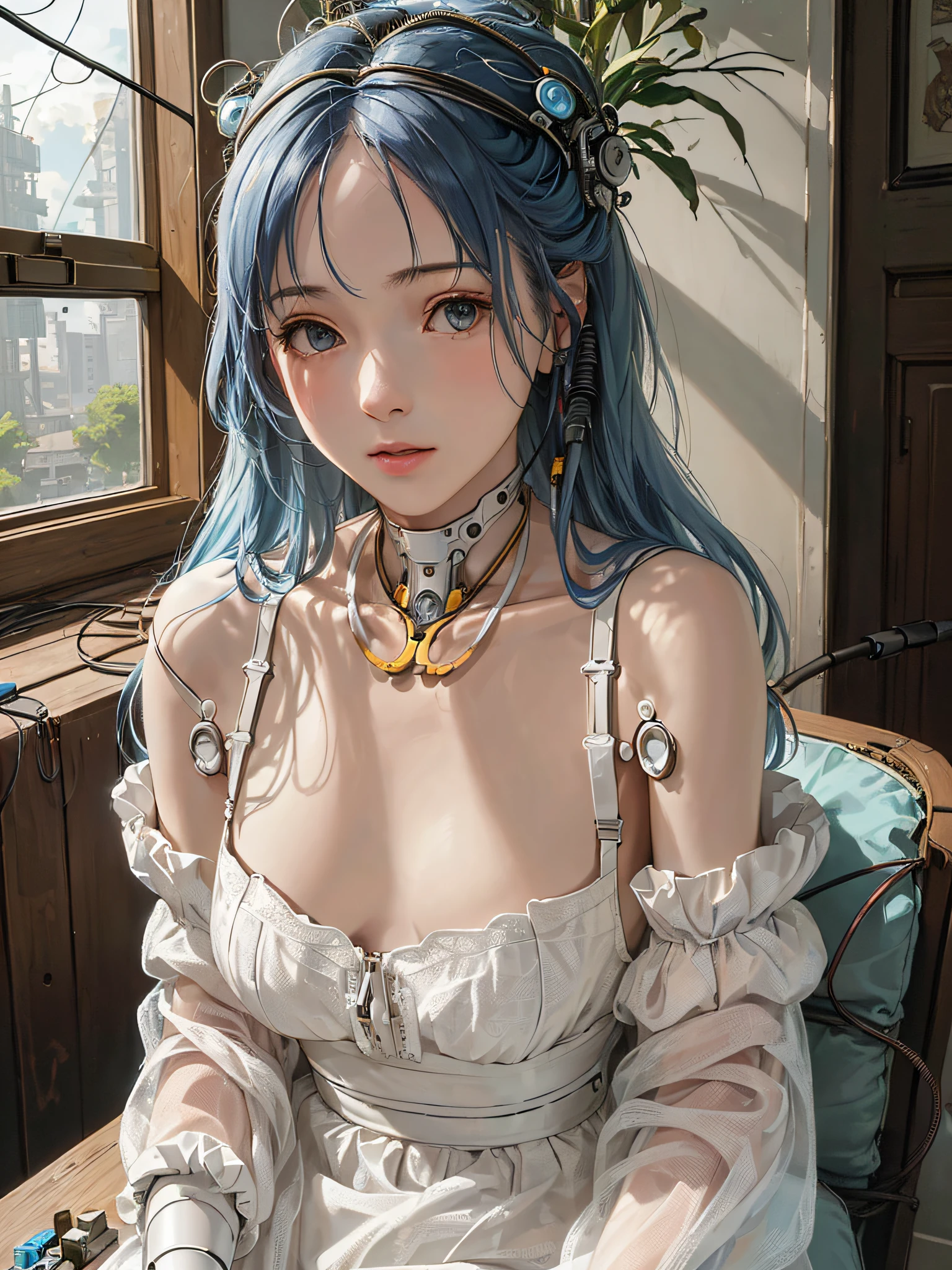 (((masterpiece))), (((best quality))), ((ultra-detailed)), (highly detailed CG illustration), ((an extremely delicate and beautiful)),(cute delicate face),cinematic light,
((1mechanical girl)), solo, half body,((bare shoulders)), (machine made joints:1.4), ((mechanical limbs)), (exposed muscles), (blood vessels connected to tubes),(a brain in container:1.3),((mechanical vertebra attaching to back)),((mechanical cervical attaching to neck)),
((sitting)),(wires and cables attaching to head and body:1.5),small breasts, ((long hair)), ((blue hair)),(character focus),science fiction