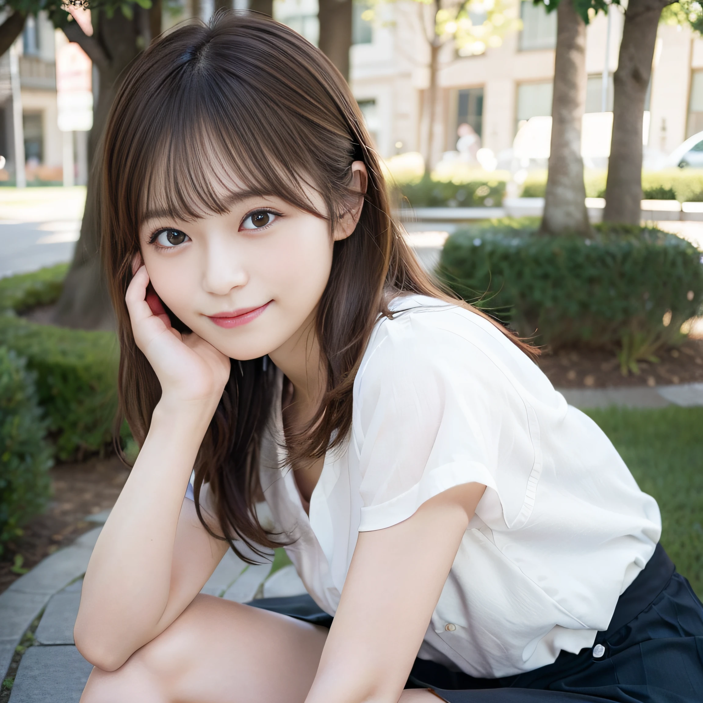 8K,Best Quality:1.4, 超A high resolution:1.5, (Photorealistic:1.4),masterpiece:1.2,(top-quality:1.4)、 Raw photo、 (From the knee up:1.8), (the background is blurred), a park,FULL BODYSHOT:1.5、 1日本人の女の子, Cute, (Solo), (Shy smile), Smooth skin、TThe shirt、Check miniskirt:1.3、 (Brown medium hair,Bangs), (touch hair:1.4)、nogizaka、cute little、(30-years old:1.2)、beauty legs、Supple fingertips、Realistic fingers、Beautiful black eyes、natural skin textures:1.3, realistic eyes and face details:1.7、middlebreasts、Toned buttocks:1.2、gazing at viewer,thighs thighs thighs thighs、Gravure Pose