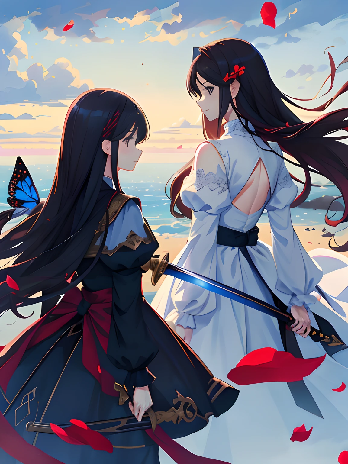((winning artwork:1.2,Perfectcomposition,8k wallpaper),(Extremelybeautiful:1.1),twogirls,(Red fluttering ancient Chinese period clothing:1.1),One person holds a sword,(The backs of the two:1.1),with petals falling)