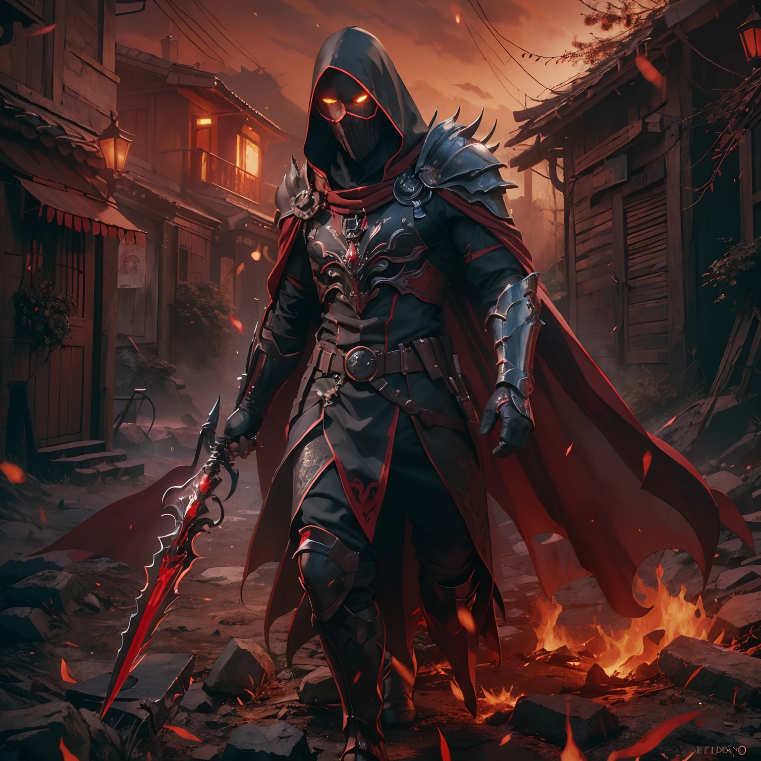 (ultra-detalhado CG unidade 8k papel de parede, master part, best quality, profundidade de campo, HDR, intrincado), Tall, sinister dark assassin wearing a metal mask with bright red eyes of dark and light armor with a discreet red cape behind with sharp daggers in his arms walking into a burning village, (intrincado: 1.4) (master part: 1.4) (illustration: 1.4), red studio lighting, Post-processing, 8K resolution, fundo escuro, imponente, Fotos meticulosamente compostas, impressionante, fantasia sombria (Directed by: Greg Rutkowski: 1.2), (por Daarken: 1.5)