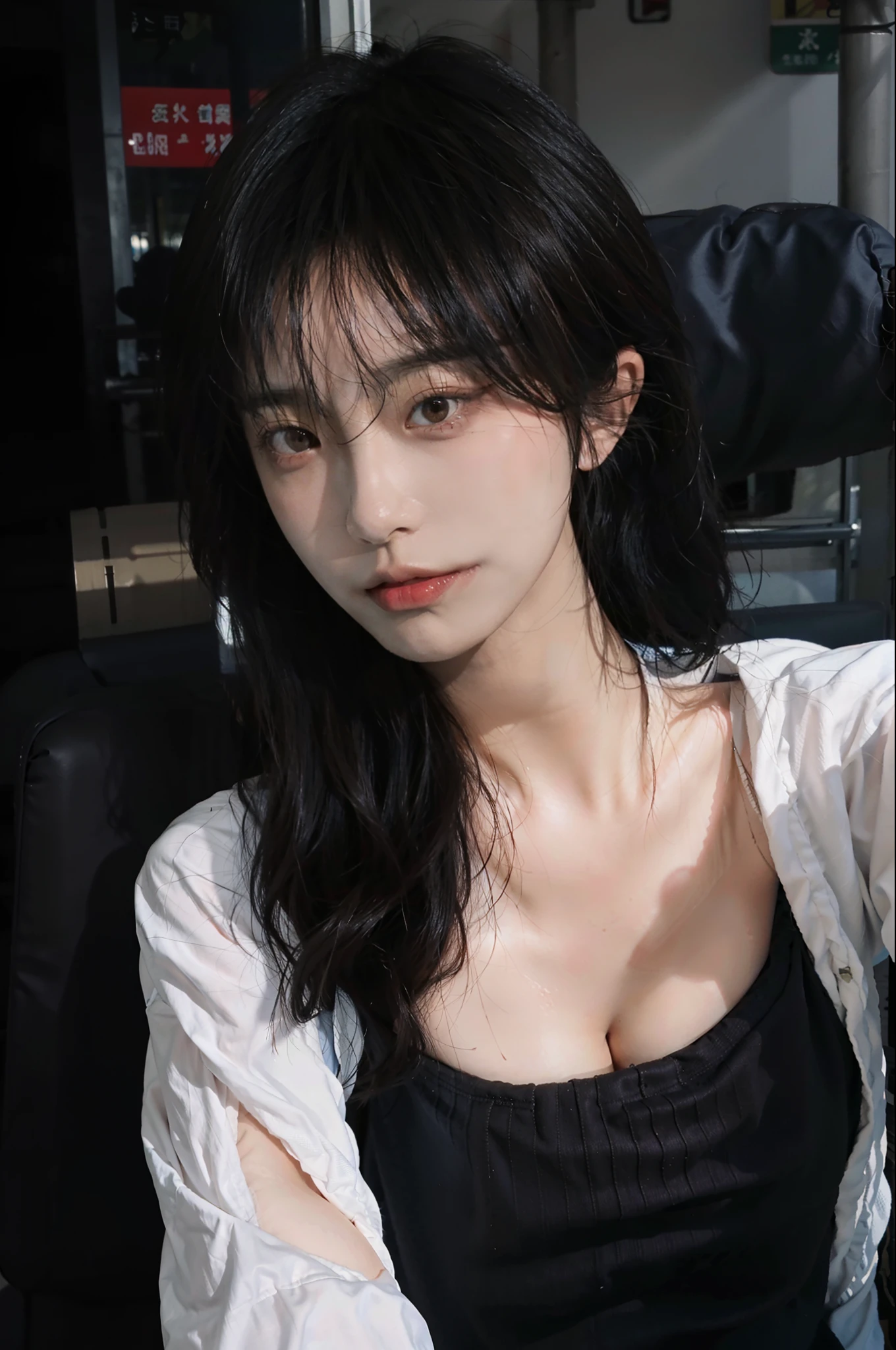 8K,best qualtiy,tmasterpiece,超高分辨率,(真实感:1.4),RAW photogr,(True skin texture:1.3),(filmgrain:1.3),(Selfie angle),1个Giant Breast Girl,Beautiful eye and face details,tmasterpiece,Best quality at best,closeup cleavage,swimming uniform,On the bus,