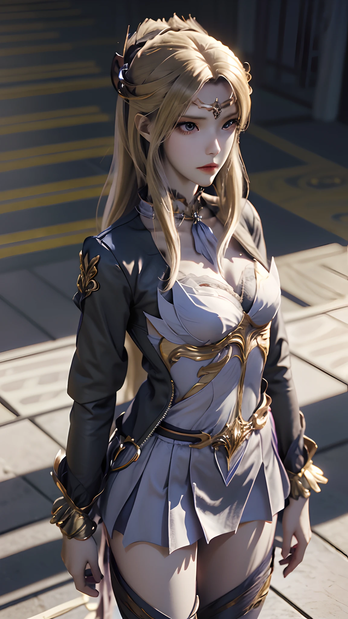 1girl, portrait of beautiful lobapex, athletic, white jacket, corset, skirt, pants, golden hair, braids, makeup, choker, cleavage, wide hips, volumetric lighting, best quality, masterpiece, intricate details, tonemapping, sharp focus, hyper detailed, trending on Artstation, realistic