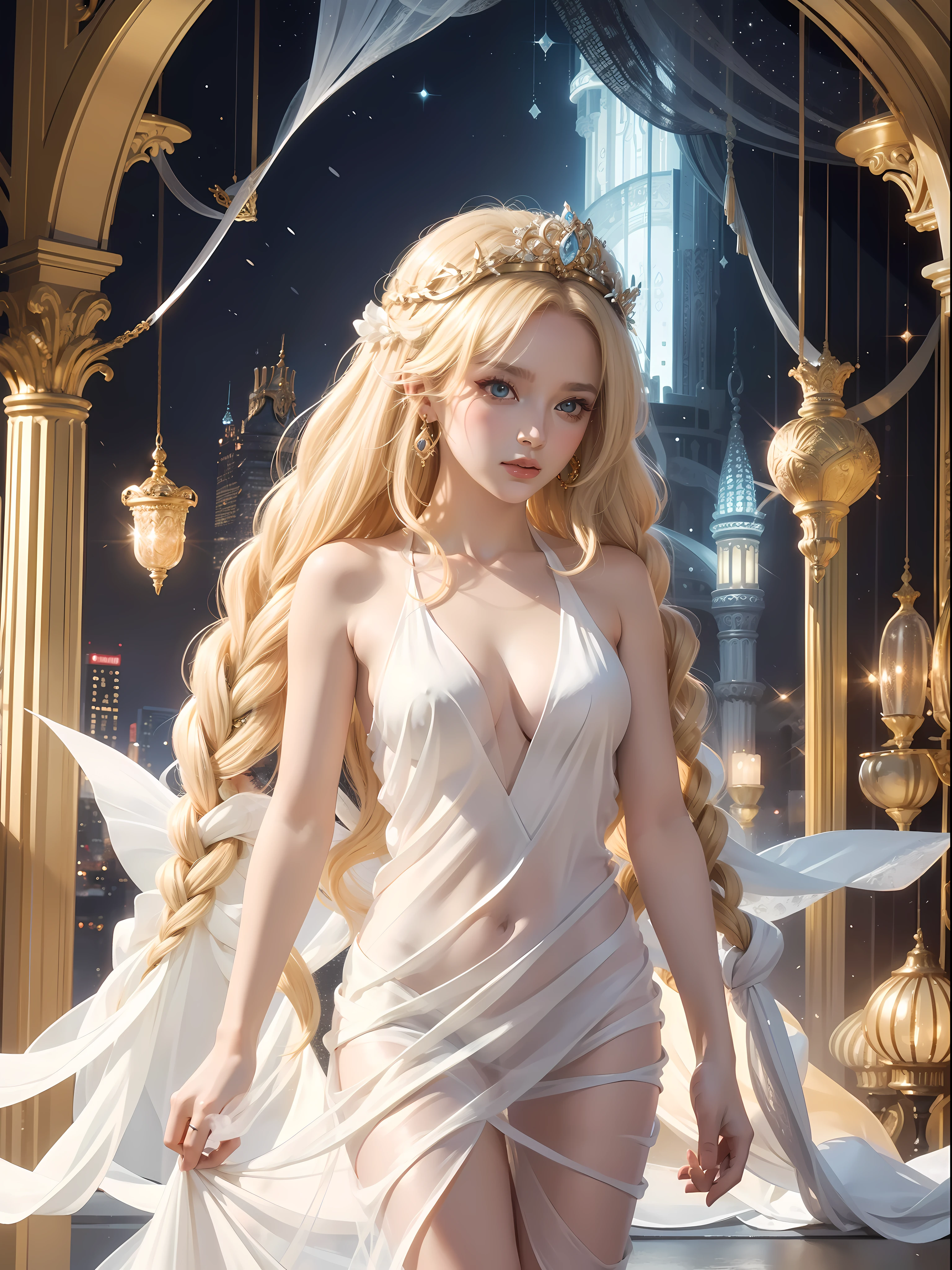 a Goddess, the goddess of marriage, a beautiful and cute woman, white and smooth skin, wearing a transparent dress, wearing a golden crown, blonde hair, portrait, face.