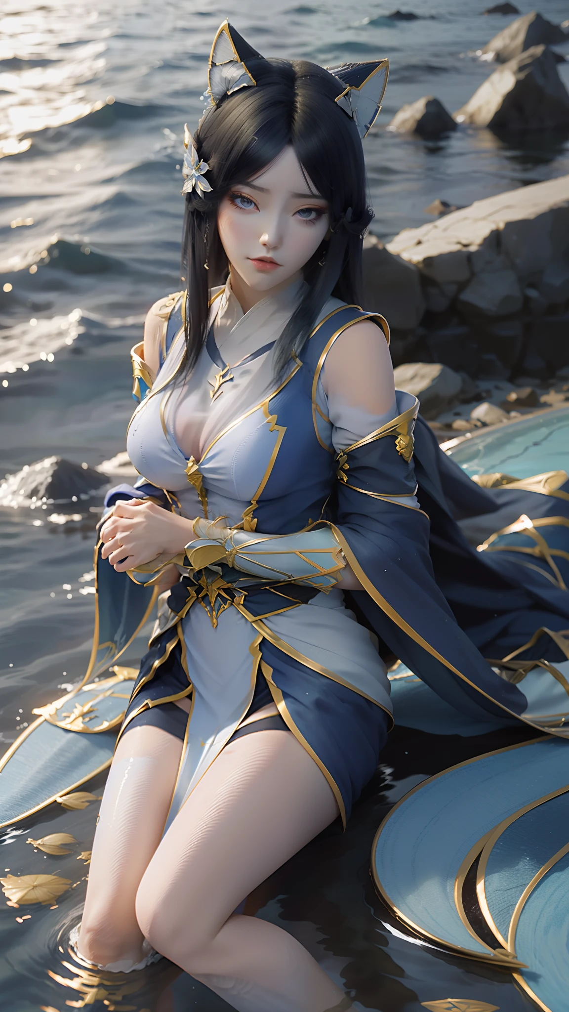 Arapei in a blue and white dress stood in the water, Anime girl walking on water, closeup fantasy with water magic, azur lane style, trending on cgstation, Anime girl cosplay, seraphine ahri kda, Splash art anime Loli, trending at cgstation, realistic water, water fairy, WLOP and Sakimichan