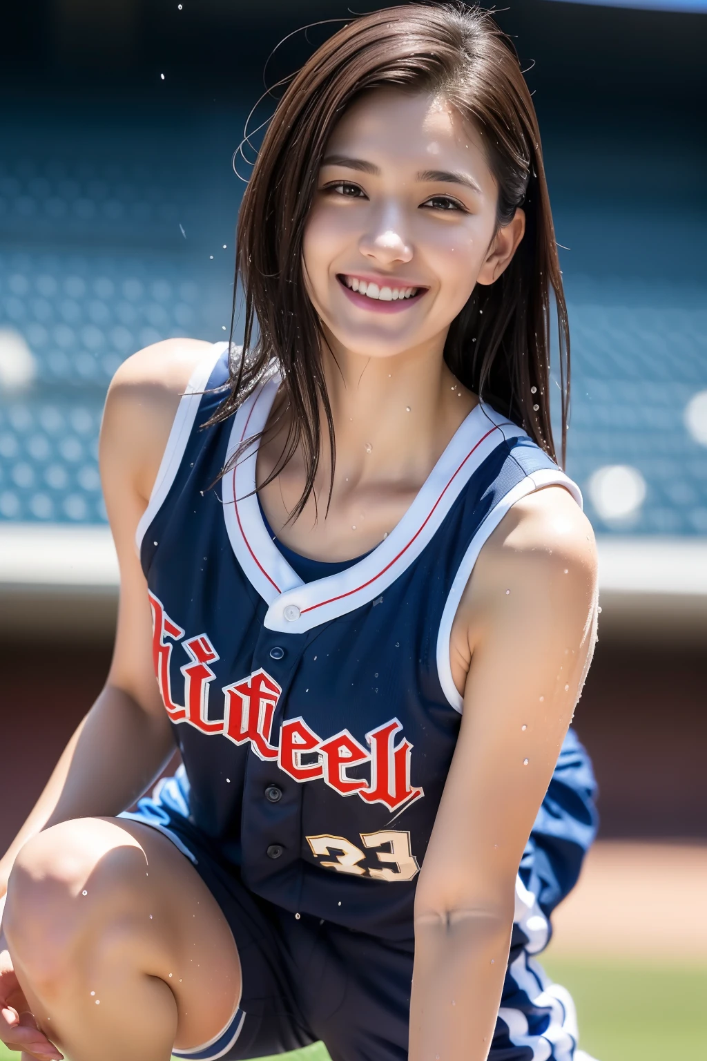 (Best Quality, 8k, 32k, Masterpiece, UHD:1.2), (1 slender woman of Japan, 28 years old, tall gravure model), Dark Brown Hair, Bright in the foreground, Professional Lighting, Photon Mapping, Radiosity, shading:1.3, (High Definition Skin:1.2), huge breasts:1.5, (shorts, Exposed Shoulder:1.1), squatting with legs open, ((provocative dynamic pose)), (she is wet), Top-Down View:1.5, (baseball Uniform:1.1, ), Ultra Detailed Face, Detailed Lips, Detailed Eyes, Double Eyelids, Inside the Stadium, looking camera, (sensual gaze to the photographer, lips slightly open) clear sky, baseball stadium, Spectators get excited, confetti flies, Happy smile,