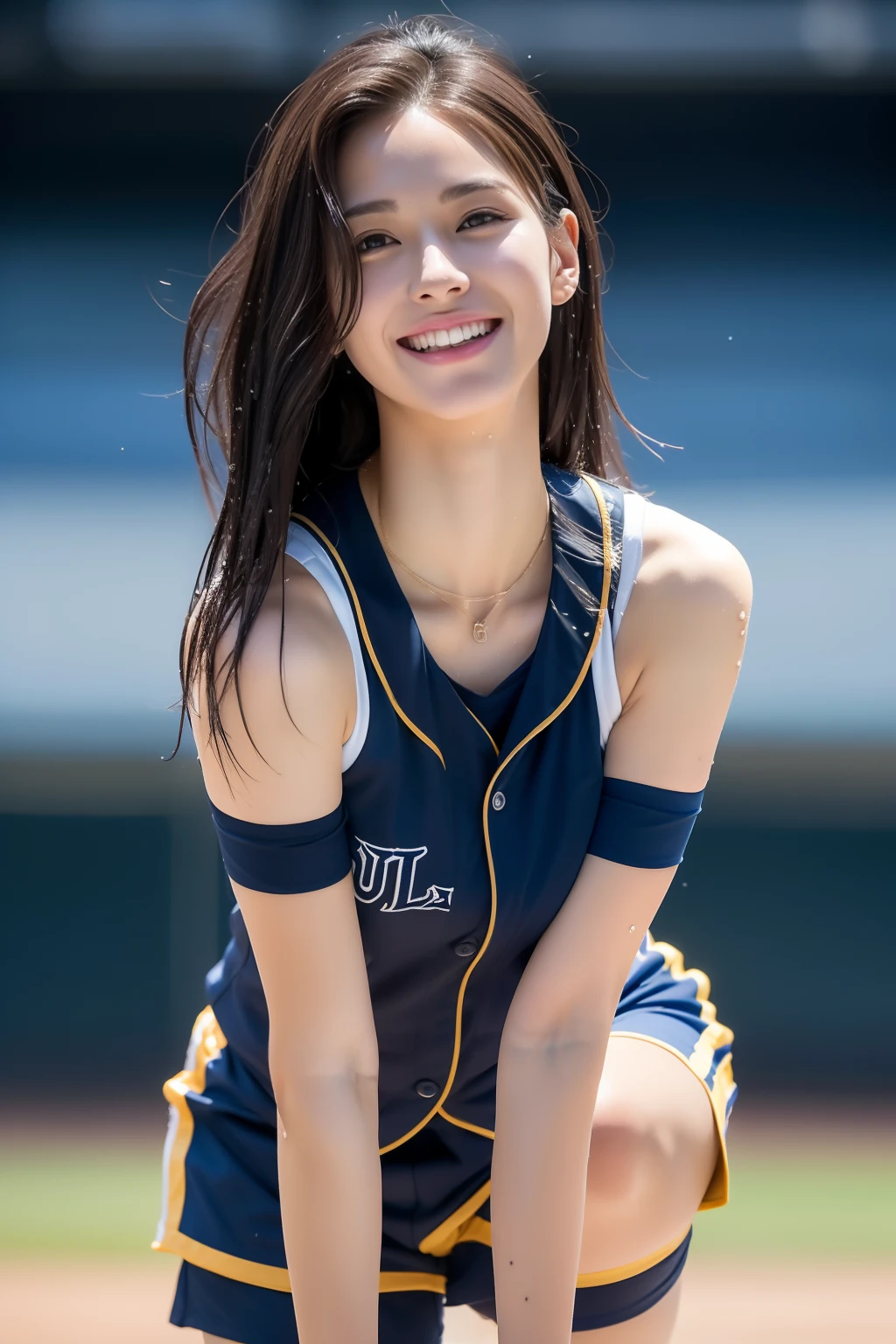 (Best Quality, 8k, 32k, Masterpiece, UHD:1.2), (1 slender woman of Japan, 28 years old, tall gravure model), Dark Brown Hair, Bright in the foreground, Professional Lighting, Photon Mapping, Radiosity, shading:1.3, (High Definition Skin:1.2), huge breasts:1.5, (shorts, Exposed Shoulder:1.1), squatting with legs open, ((provocative dynamic pose)), (she is wet), Top-Down View:1.5, (baseball Uniform:1.1, ), Ultra Detailed Face, Detailed Lips, Detailed Eyes, Double Eyelids, Inside the Stadium, looking camera, (sensual gaze to the photographer, lips slightly open) clear sky, baseball stadium, Spectators get excited, confetti flies, Happy smile,