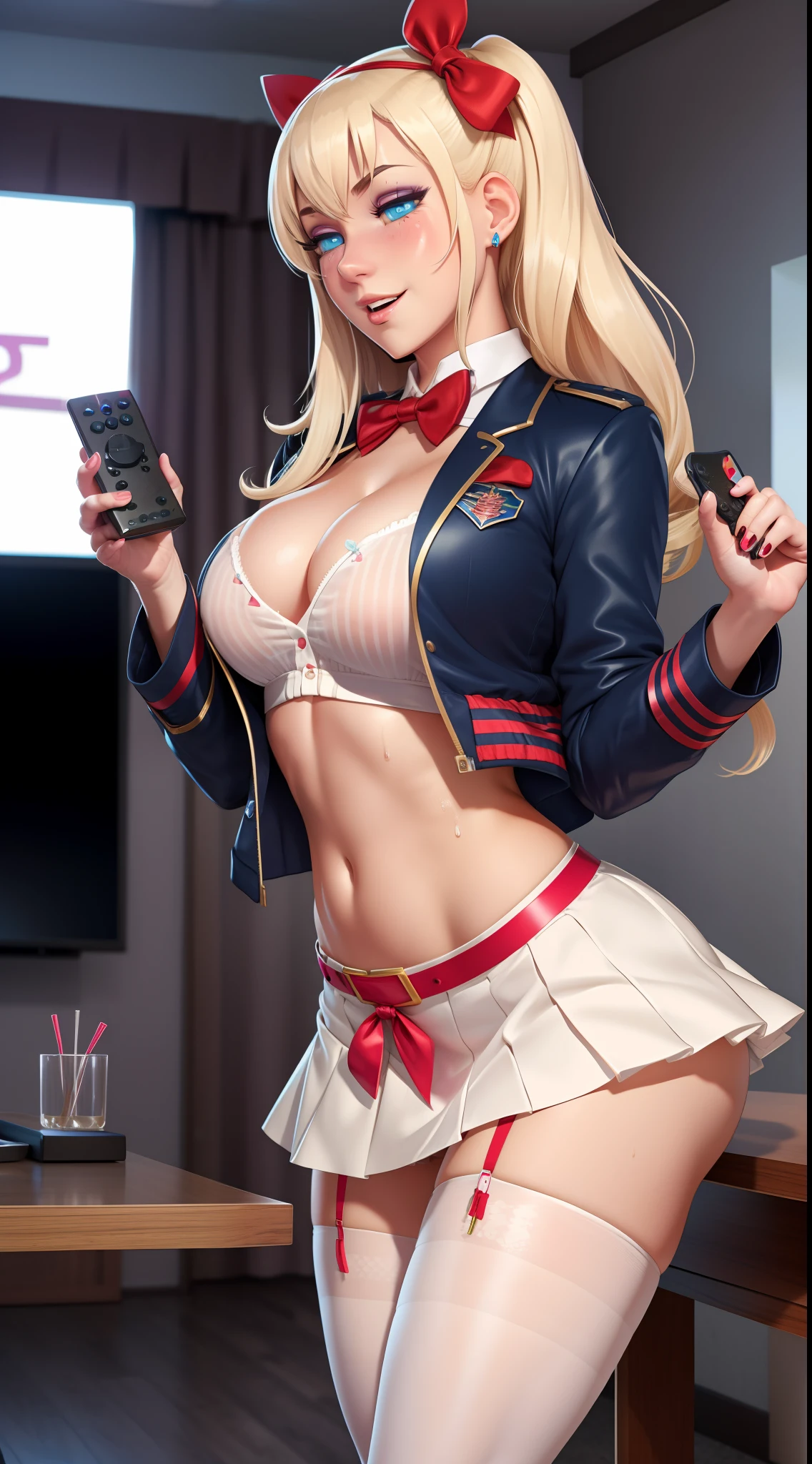 armband , back bow , belt , black thighhighs , blonde hair , blue eyes , blue jacket , blue ribbon , blush , bow , bowtie , breasts , cleavage , controller , covered nipples , crop top , cropped jacket , cropped shirt , drooling , earclip , earpiece , embarrassed , empty eyes , female , female pubic hair , femsub , groin , hairbow , half-closed eyes , hands up , handshake , heterochromia , holding hands , jacket , large breasts , legs together , long hair , looking at another , midriff , miniskirt , navel , nervous , official alternate costume , one side up , open clothes , open jacket , open mouth , pleated skirt , pubic hair , public indecency , pussy juice , raised eyebrows , red bow , red bowtie , red eyes , remote control , remote control vibrator , ribbon , saliva , sex toy , shirt , showgirl skirt , sidelocks , skindentation , skirt , smile , solo focus , standing , stomach , sweat , table , talking , tears , thighhighs , thighs , traditional bowtie , trembling , vibrator , vibrator in thighhighs , white bow , white shirt , white skirt