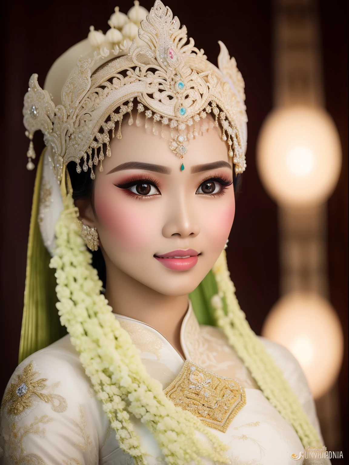 Close-up of a stunning woman with mesmerizing lips, soft and inviting, gently illuminated showcasing her alluring features, striking a captivating pose, dynamic pose. pengantin_sunda