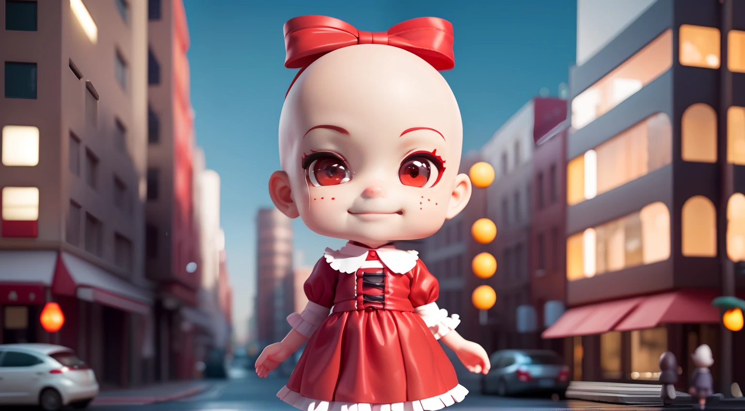 (masutepiece),(Best Quality),(Ultra-detailed), (Full body: 1.2),A old man１a person,Chibi,Cute,(city), (skin head),(Red ribbons) with  the (Lolita) ,A smile,