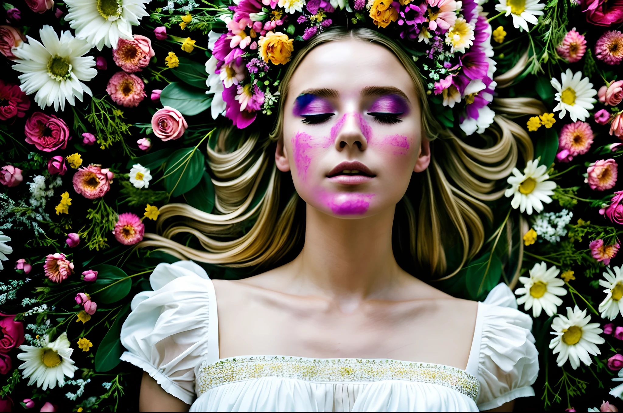 (masterpiece, top quality, best quality, official art, beautiful and aesthetic:1.2), (1girl), extreme detailed, surrealistic cinematic photo painting of scandinavian girl wearing a white dress made of plants and flowers laying on a coffin of flowers, closed eyes, hand on her chest, dramatic lighting, magical, volumetric lighting, god rays, extreme close shot, midsommar, dress made of flowers,Stunning,movie poster,