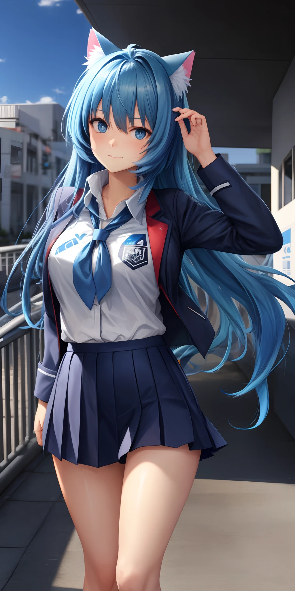 Long hair, light blue hair, light blie cat ears, anime, light blue eyes, student uniform, very
shy, looking at viewer, short skirt
