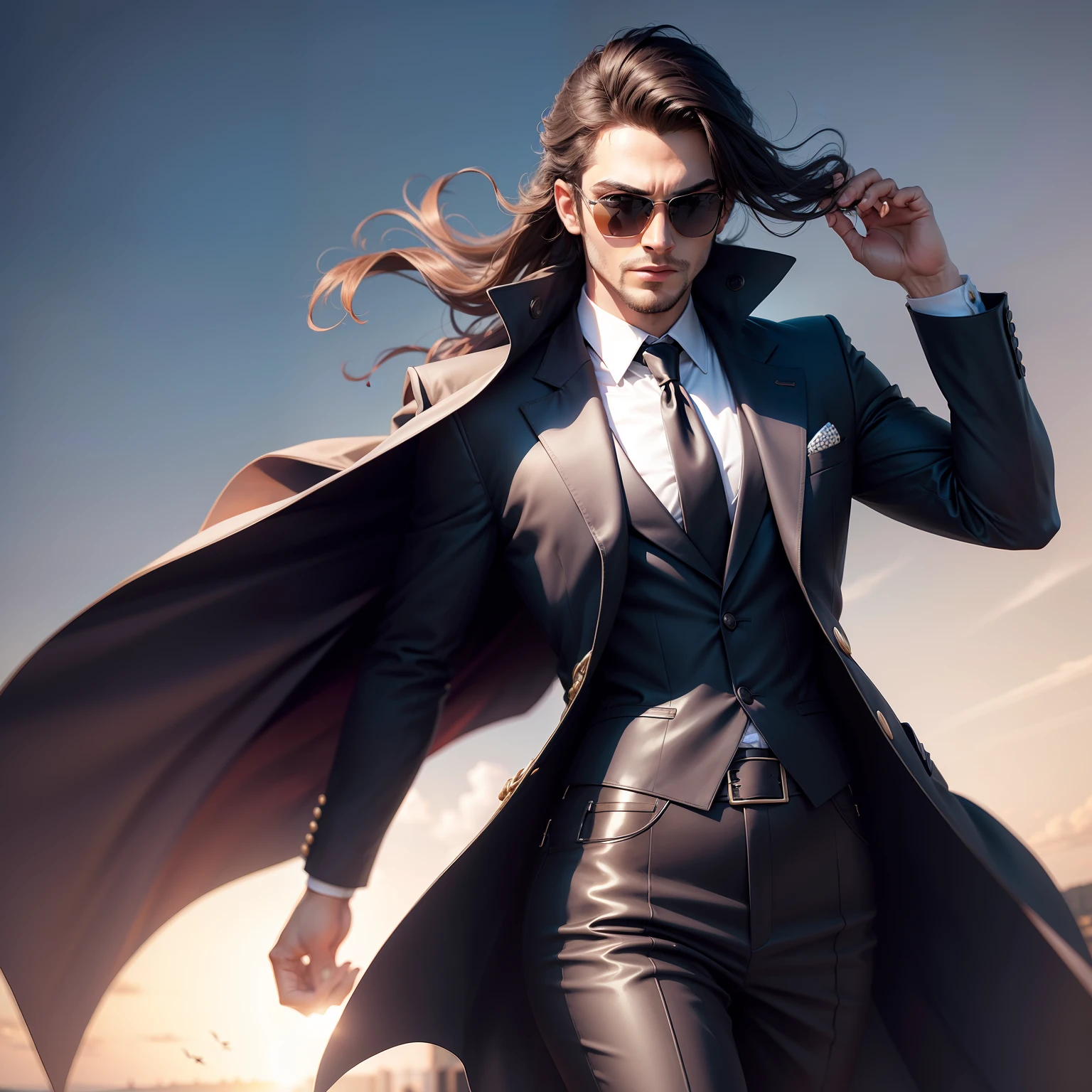 Change the background,hero looks,dress change to suite,and sunglasses