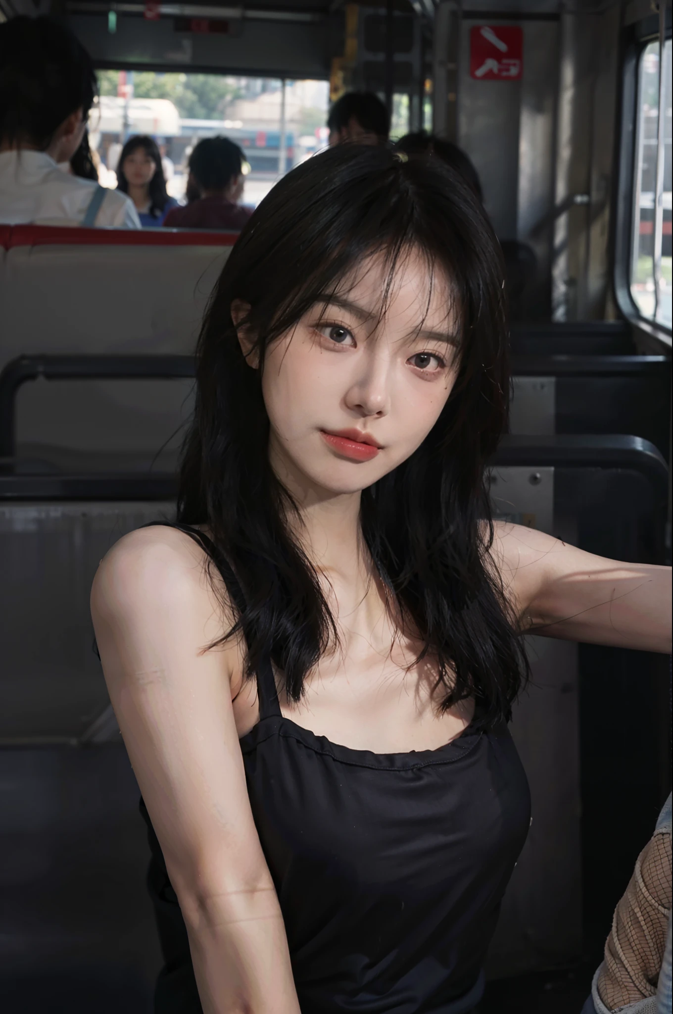(1 Korean star with royal sister style), ((best quality, 8k, masterpiece: 1.3)), focus: 1.2, perfect body beauty: 1.4 , (funny expression), (night street: 1.3), highly detailed face and skin texture, fine eyes, double eyelids, whitened skin, (air bangs: 1.3), (round face: 1.5), (thin strap top: 1.4),