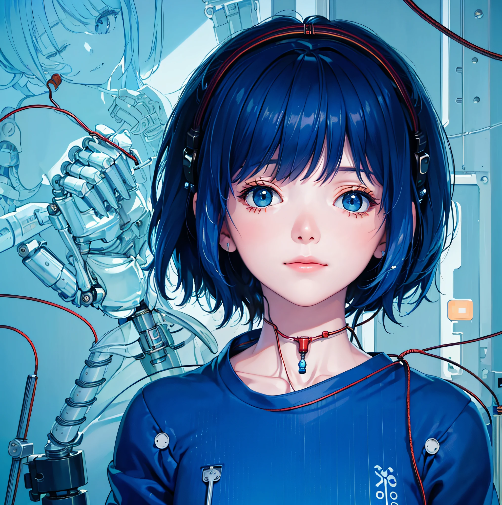 (((masterpiece))), (((best quality))), ((ultra-detailed)), (highly detailed CG illustration), ((an extremely delicate and beautiful)),(cute delicate face),cinematic light,
((1mechanical girl)), solo, half body,((bare shoulders)), (machine made joints:1.4), ((mechanical limbs)), (exposed muscles), (blood vessels connected to tubes),(a brain in container:1.3),((mechanical vertebra attaching to back)),((mechanical cervical attaching to neck)),
((sitting)),(wires and cables attaching to head and body:1.5),small breasts, ((long hair)), ((blue hair)),(character focus),science fiction