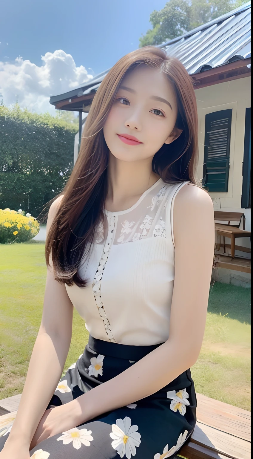 ((upper body)), Shot from a random perspective, 20-year-old Asian model, slim, Slimming the waist, Heavy makeup, Gorgeous makeup, delicated face, cabellos largos dorados, curlies, Pink lace shirt, White pleated skirt, slender leg, Cross ed leg, In the park, Sit Pose, sitting on a bench, simple backgound, warm lights, a warm color palette, Dynamic pose, posing elegantly, tmasterpiece