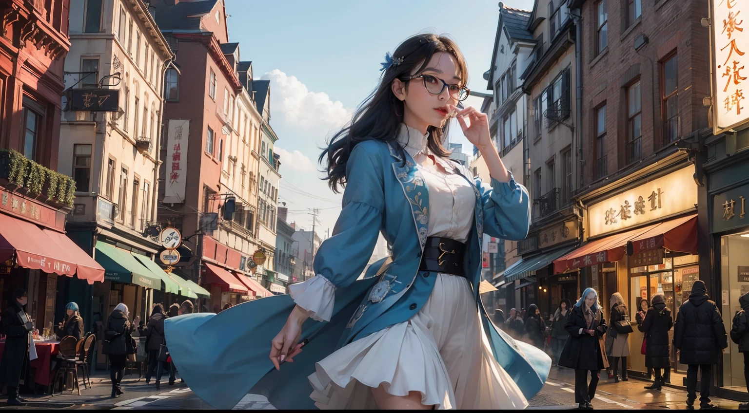 (realisitic,Photorealsitic:1.4),(1 Beauty:1.3),(beautiful countenance:1.5),Detailed shiny skin,A detailed eye,Precise hands and fingers,8K HDR, , masterpiece, (Dynamic angle footage),电影灯光, Finely drawn backgrounds,Hollywood actress,cardigan,blue hairs,Aristocratic hairstyles,Hokkaido,shopping street,Dancing,stick out your tongue,eye glasses