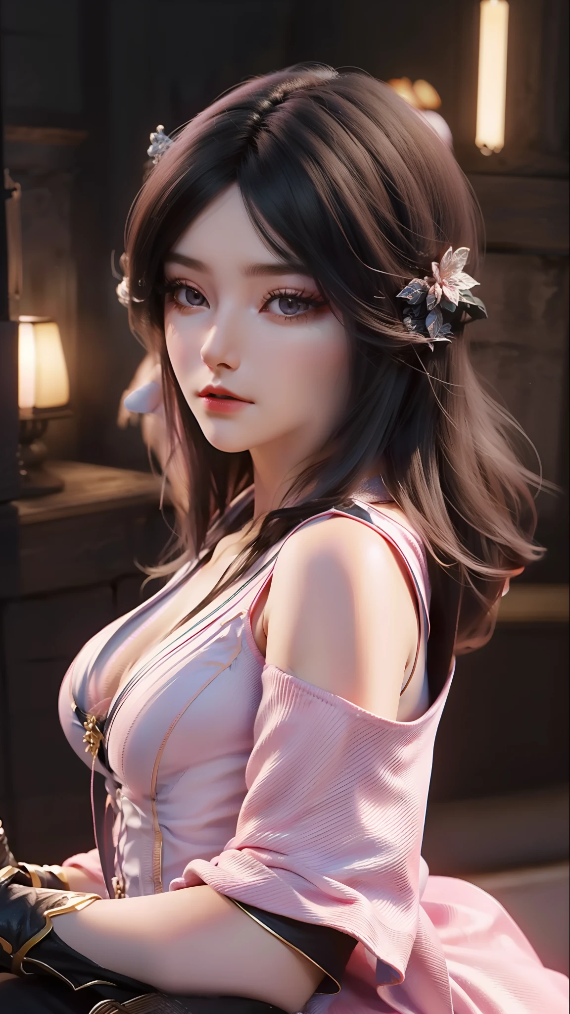 Best Quality, Masterpiece, Ultra High Resolution, (Realisticity: 1.4), Original Photo, 1girl, Pink Off-the-Shoulder, Cinematic Lighting