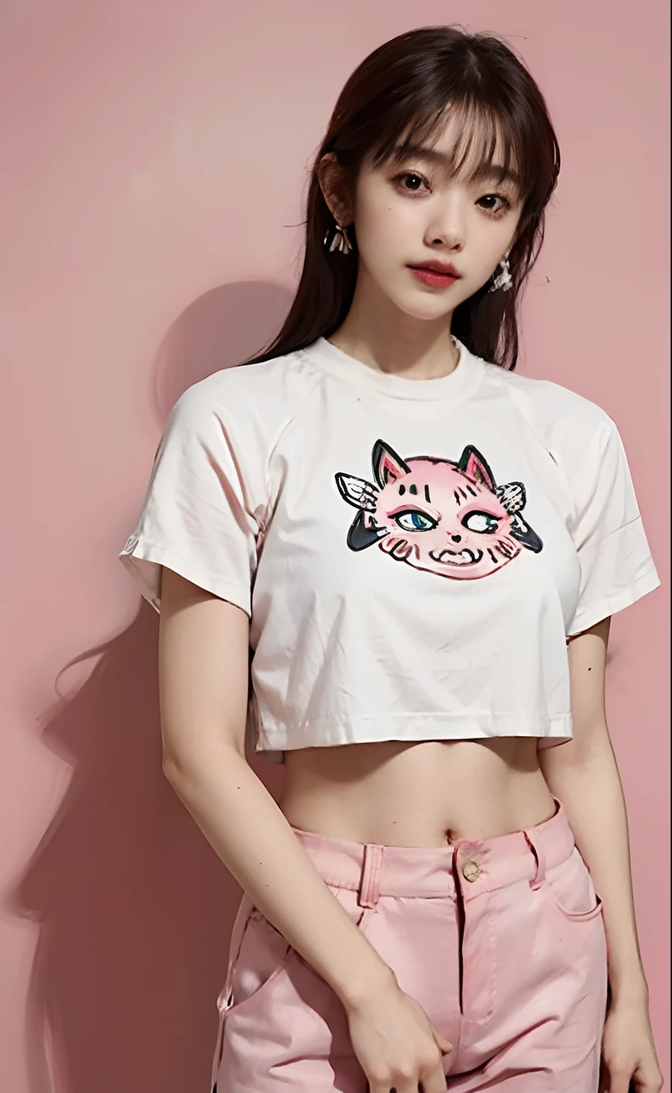 1girl, she wearing white shirt and pink pants, crop top, wearing pink nike shoes, 22 years old, scary face, adult face, 4k style, realistic, crowded, pink long hair