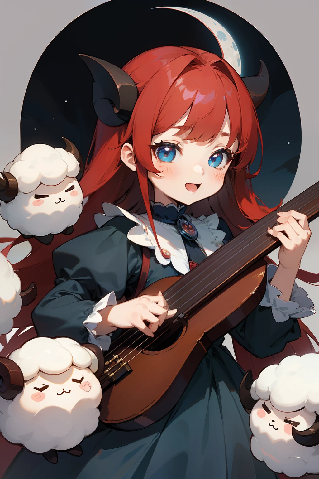 (top-quality)、(masterpiece)、(KAWAII STYLE)、((kawaii faces))、(((FlatStyle)))、Gothic lolita、Light red hair、sheep horns、girl with、frontage、musical instrument、Dark blue clothes、magical girl、a moon、stele、charactor、Vignette