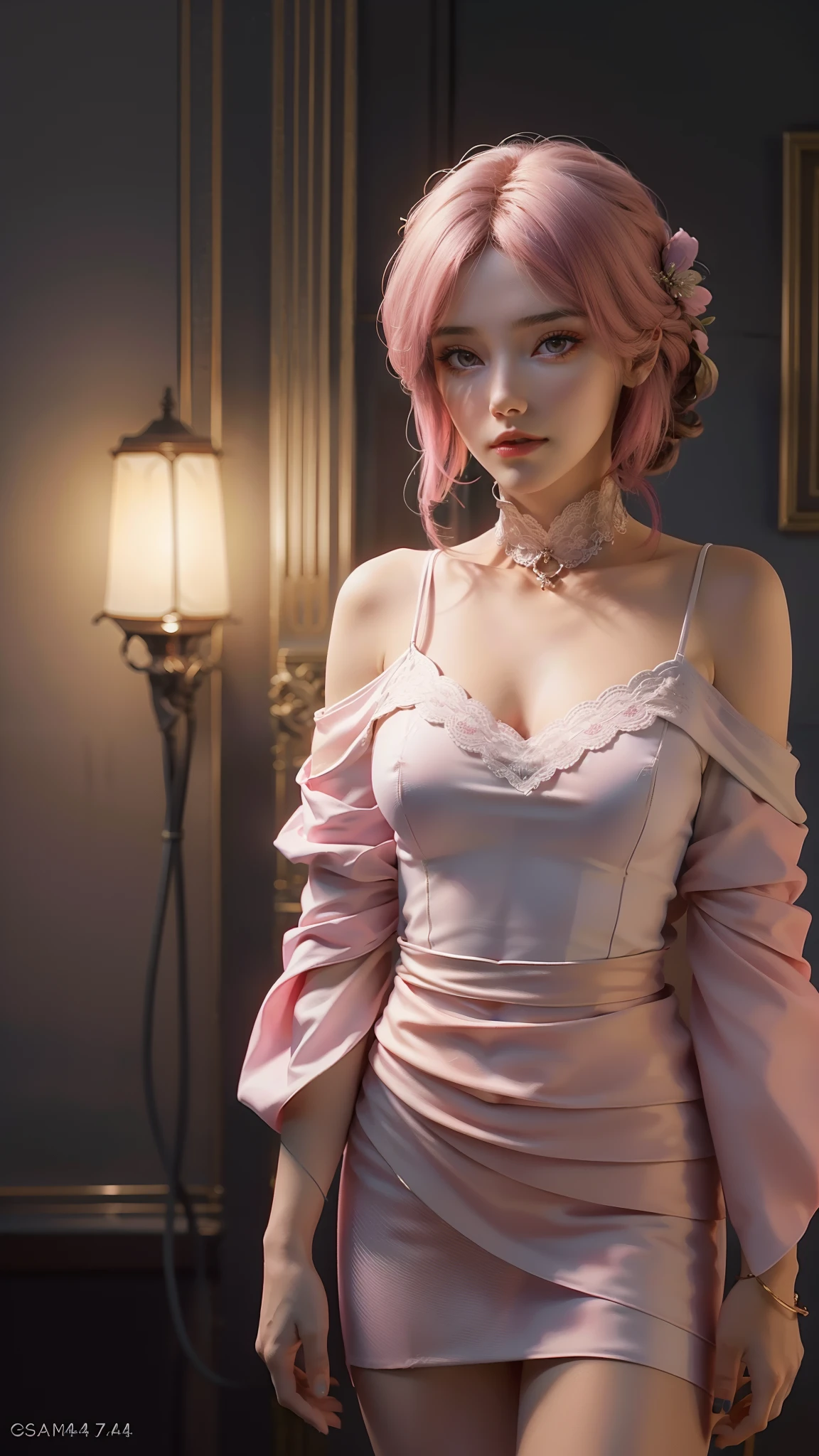 Best Quality, Masterpiece, Ultra High Resolution, (Realisticity: 1.4), Original Photo, 1girl, Pink Off-the-Shoulder, Cinematic Lighting