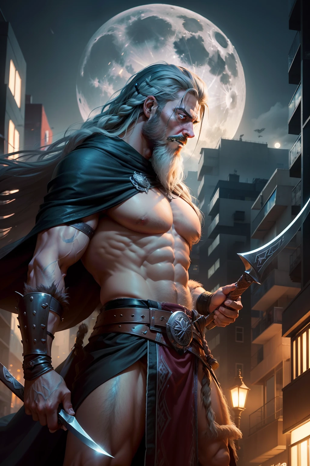 Um guerreiro viking imponente emerge das sombras, His long beard and braided hair dance in the night wind. Vestido com roupas de couro resistentes, He firmly holds a sharp-bladed steel axe, seu cabo robusto feito de madeira resistente. Facing the futuristic scenery of a city in constant movement, The gigantic full moon casts an unearthly glow on modern buildings.
The deep purple sky contrasts with the neon lights of the city, creating an aura of mystery and tension. O guerreiro viking enfrenta o desconhecido, A dystopian environment, as if prepared for an epic battle that transcends time.