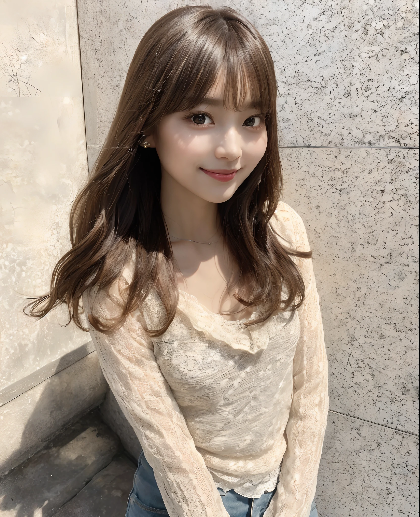 masterpiece,masterpiece, top quality,  best quality,  realistic, unity,  8k wallpaper,  official art, extremely detailed CG unity 8k wallpaper, ulzzang-6500, (original: 1.2), (realistic: 1.4),  ultra detail, high resolution, ultra detailed,amazing,  fine detail,  cinematic lighting, 
(1girl:1.4 ), (brown|black hair:1.4), medium hair,  (realistic skin:1.2), (light brown skin:1.2),(small breasts),  beautiful girl with beautiful details,  extremely detailed eyes and face,  eyes with beautiful details, huge file size,  ultra detailed and beautiful, blushing,  ashamed,(smile:1.2), black eyes,  model shoot tyle,  full body shoot, (random color lace underwear), earings, chain necklace, loft apartment, living room, (almost empty room),