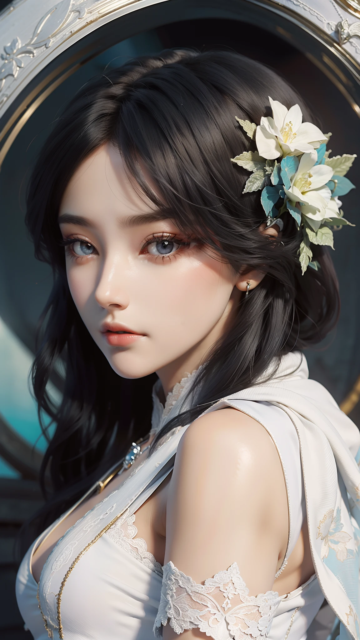 tmasterpiece，Best picture quality，HD 8K wallpaper，Beautiful picture，Elegant single woman，Round dress，Shiny eyes，Detail at its best，An exquisite masterpiece，Pure beauty and lightness，Moderately aesthetic，Gentle and elegant，Attention to detail，Cyan white lace round princess dress，Immortal